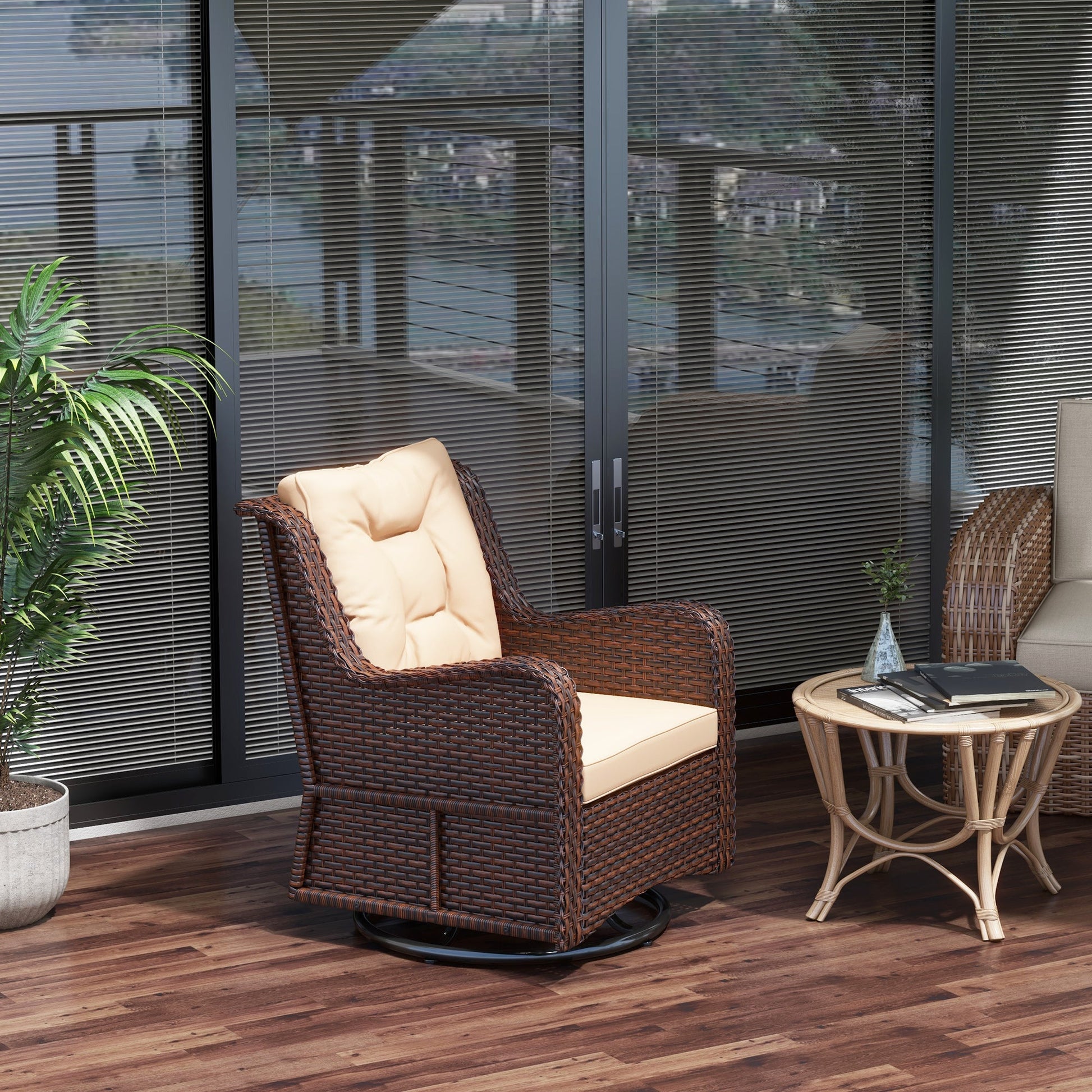 PE Rattan 360° Swivel Patio Chair with Cushion, Patio Wicker Chair with Armrest, Backrest, Brown