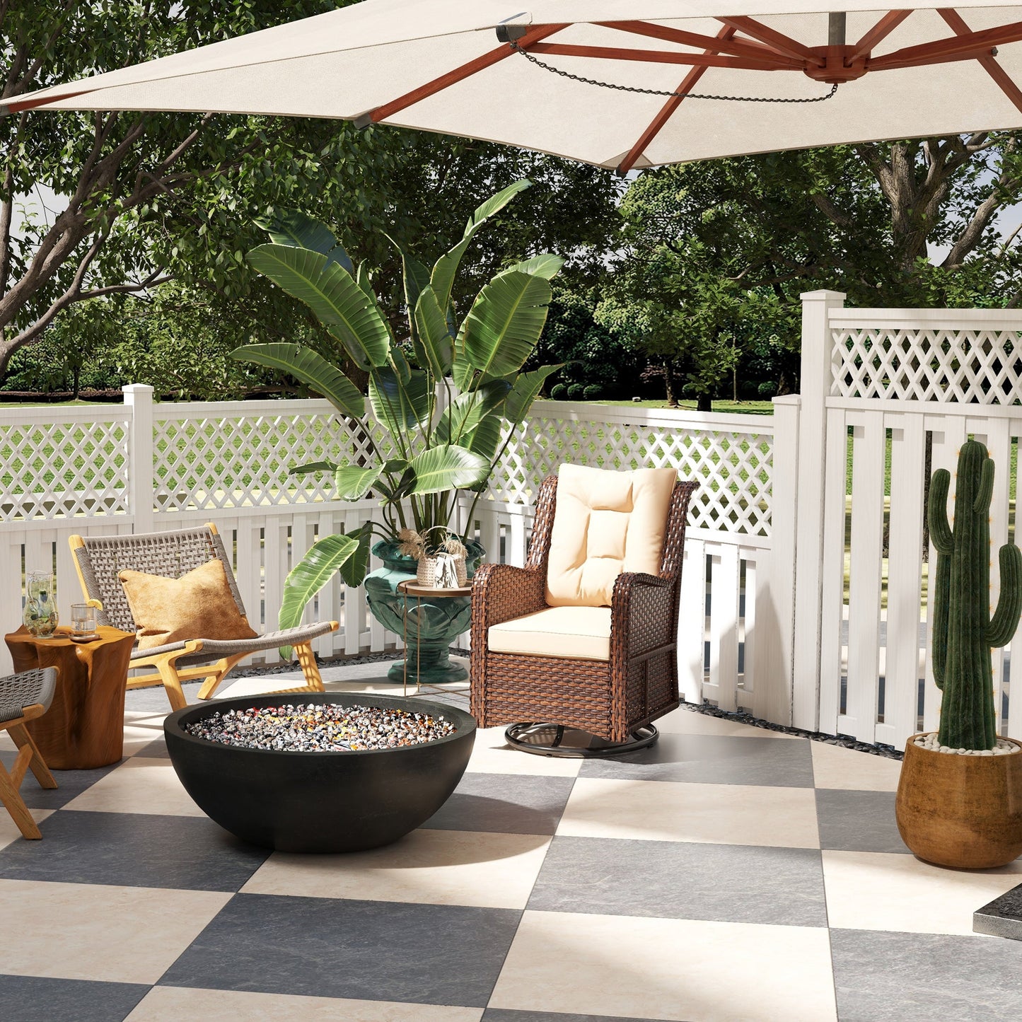 PE Rattan 360° Swivel Patio Chair with Cushion, Patio Wicker Chair with Armrest, Backrest, Brown