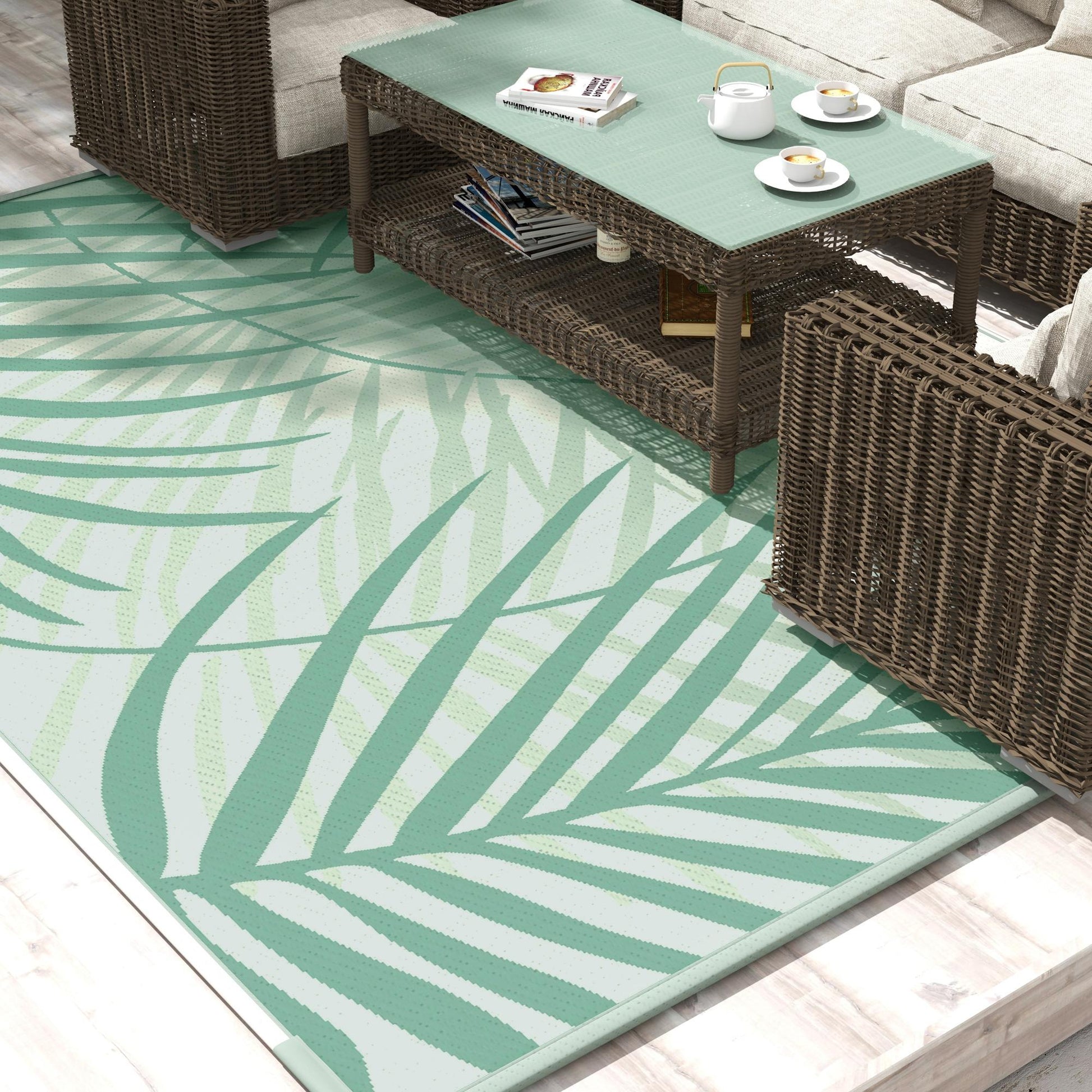 Reversible Outdoor Rug with Carry Bag, 9' x 12' Waterproof Plastic Straw Floor Mat, Portable RV Camping Carpet for Backyard, Deck, Picnic, Beach, Green and Cream