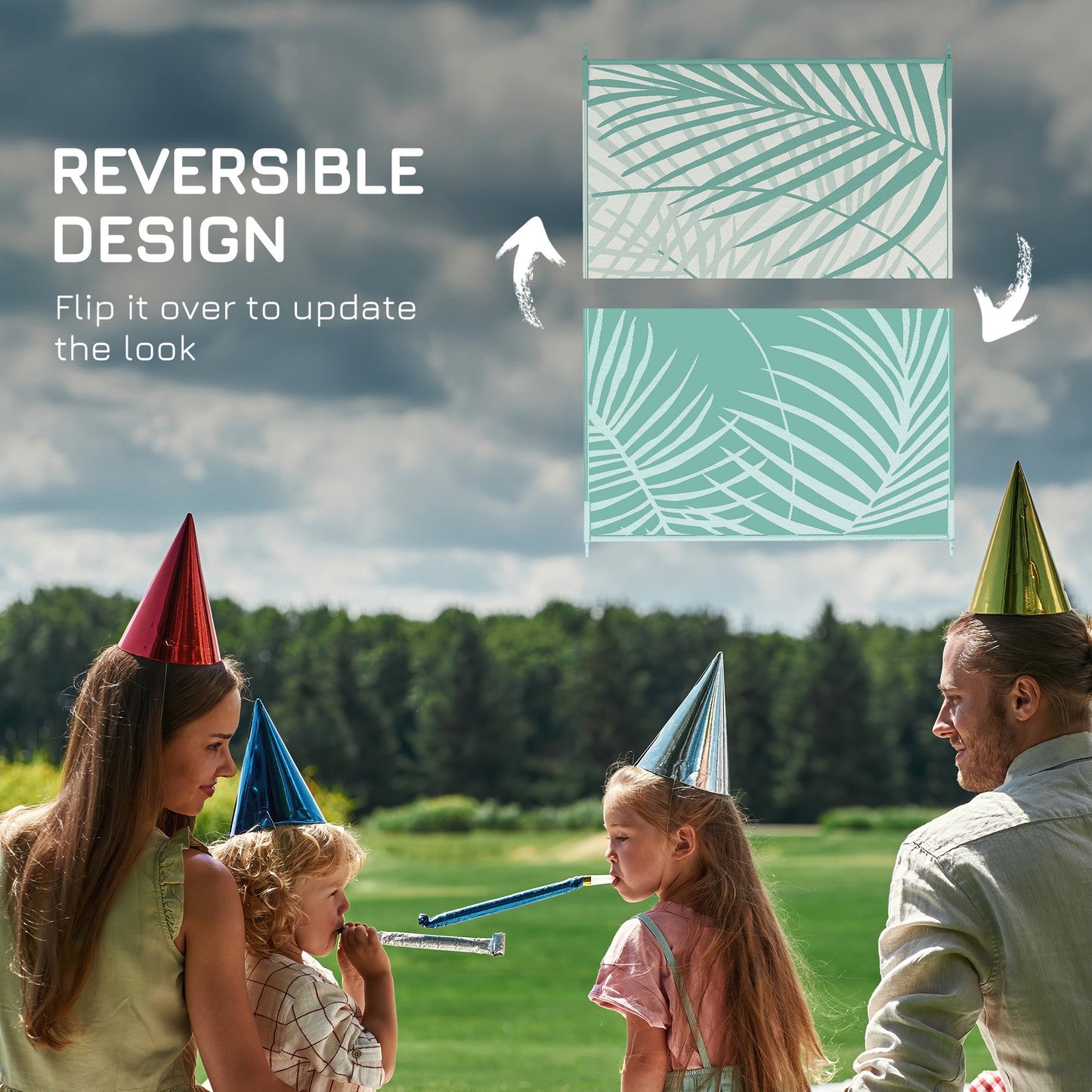 Reversible Outdoor Rug with Carry Bag, 9' x 12' Waterproof Plastic Straw Floor Mat, Portable RV Camping Carpet for Backyard, Deck, Picnic, Beach, Green and Cream