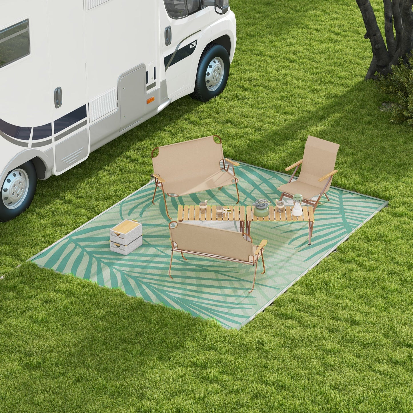 Reversible Outdoor Rug with Carry Bag, 9' x 12' Waterproof Plastic Straw Floor Mat, Portable RV Camping Carpet for Backyard, Deck, Picnic, Beach, Green and Cream