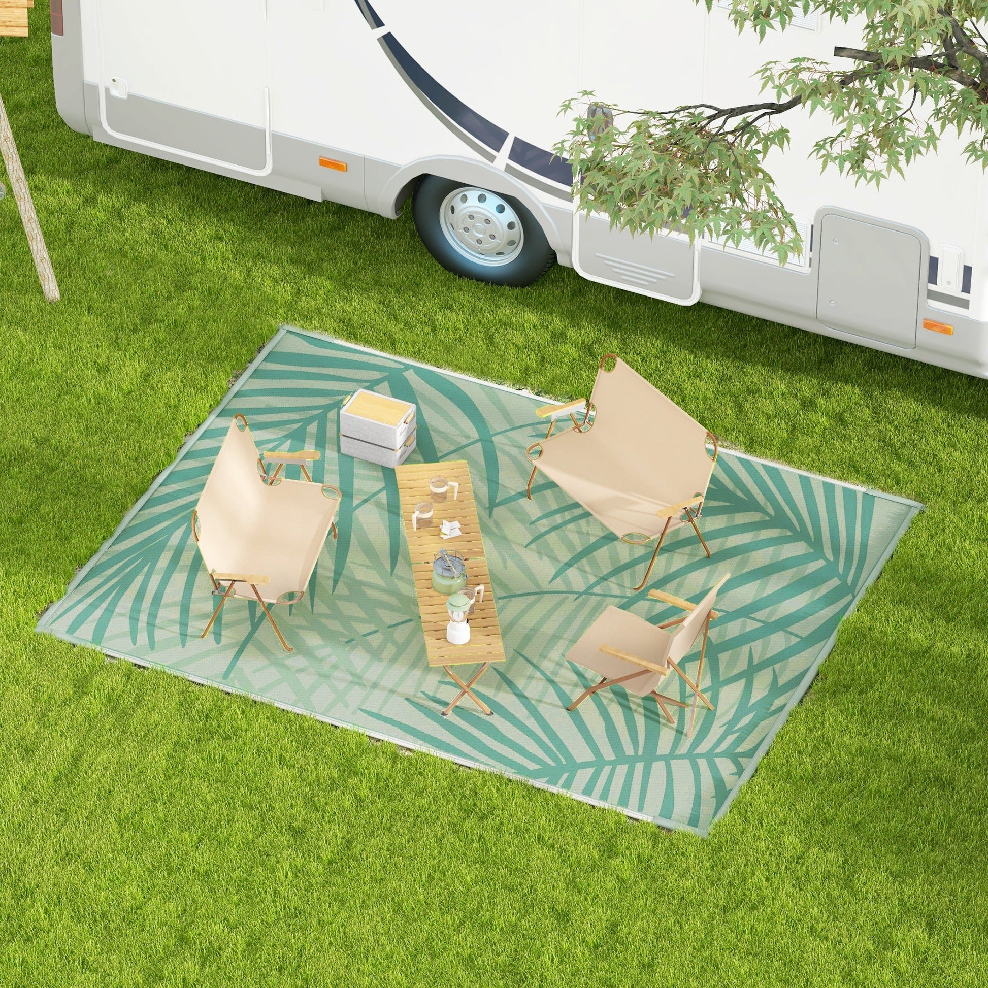 Reversible Outdoor Rug with Carry Bag, 9' x 12' Waterproof Plastic Straw Floor Mat, Portable RV Camping Carpet for Backyard, Deck, Picnic, Beach, Green and Cream