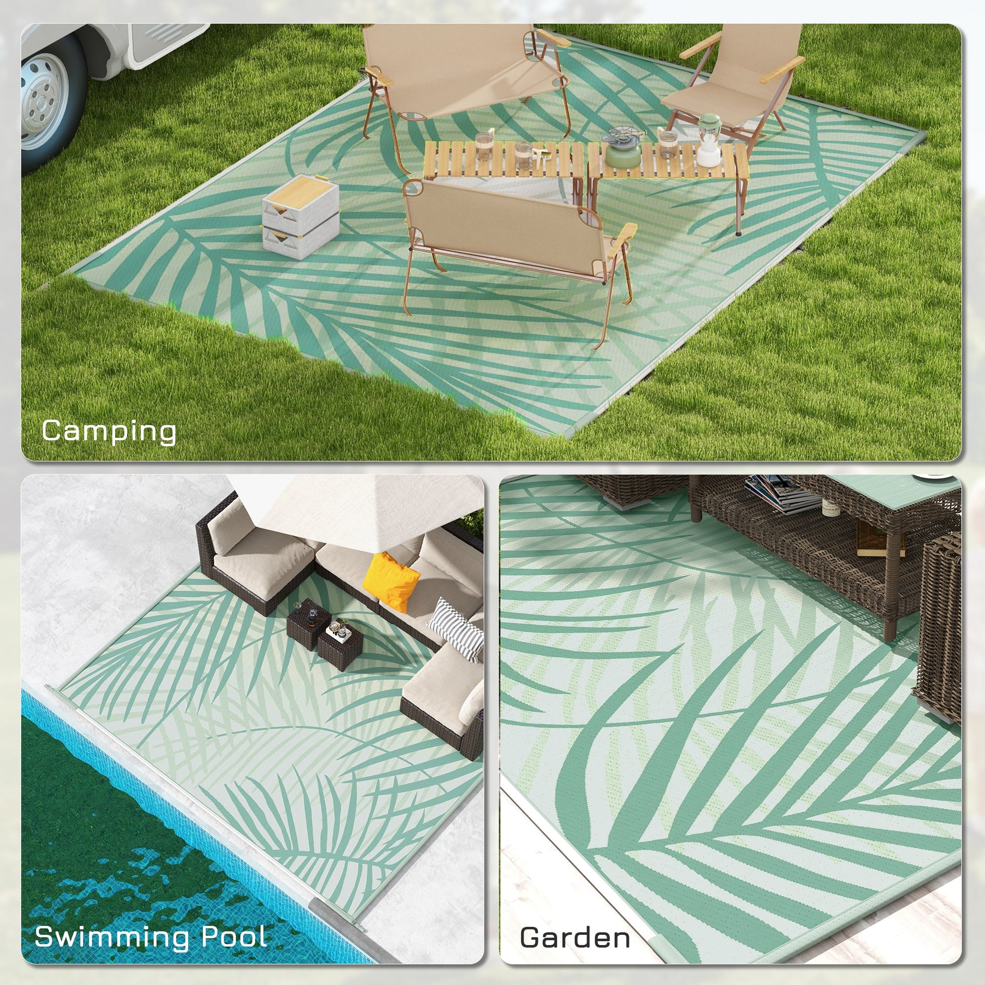 Reversible Outdoor Rug with Carry Bag, 9' x 12' Waterproof Plastic Straw Floor Mat, Portable RV Camping Carpet for Backyard, Deck, Picnic, Beach, Green and Cream