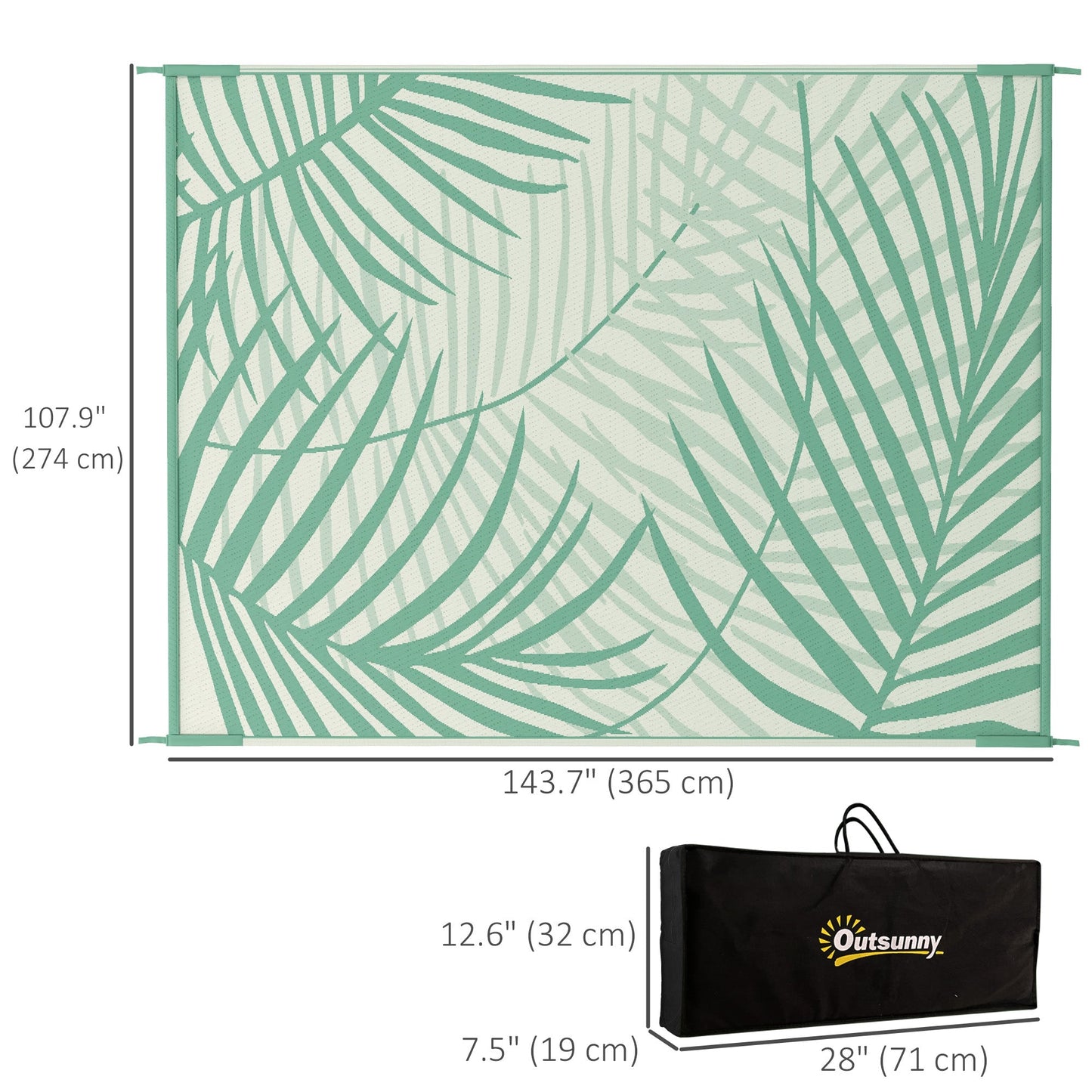 Reversible Outdoor Rug with Carry Bag, 9' x 12' Waterproof Plastic Straw Floor Mat, Portable RV Camping Carpet for Backyard, Deck, Picnic, Beach, Green and Cream