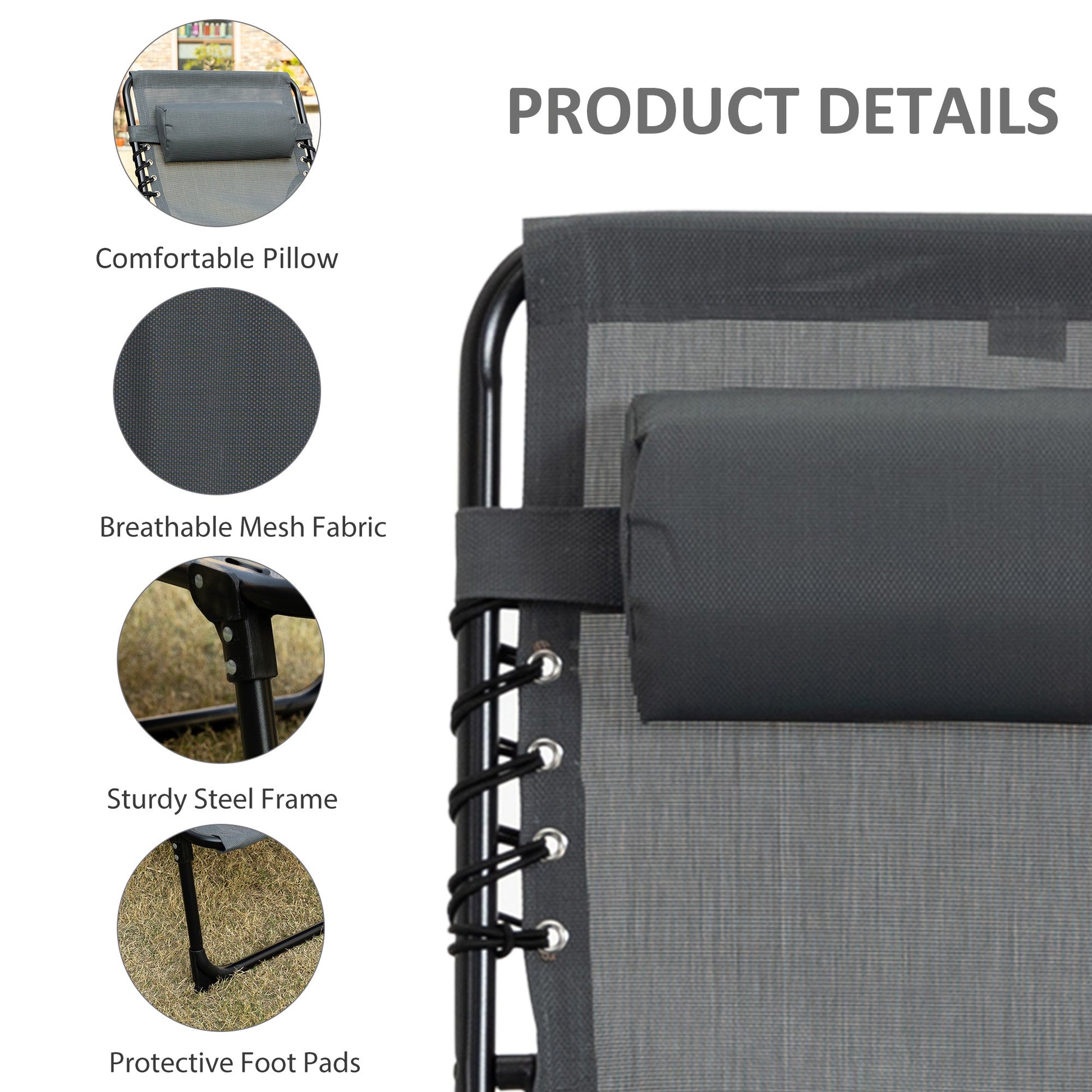 Folding Lounge Chair, Reclining Tanning Chair, Portable Sun Lounger with Adjustable Backrest and Removable Pillow for Patio, Garden, Beach, Grey