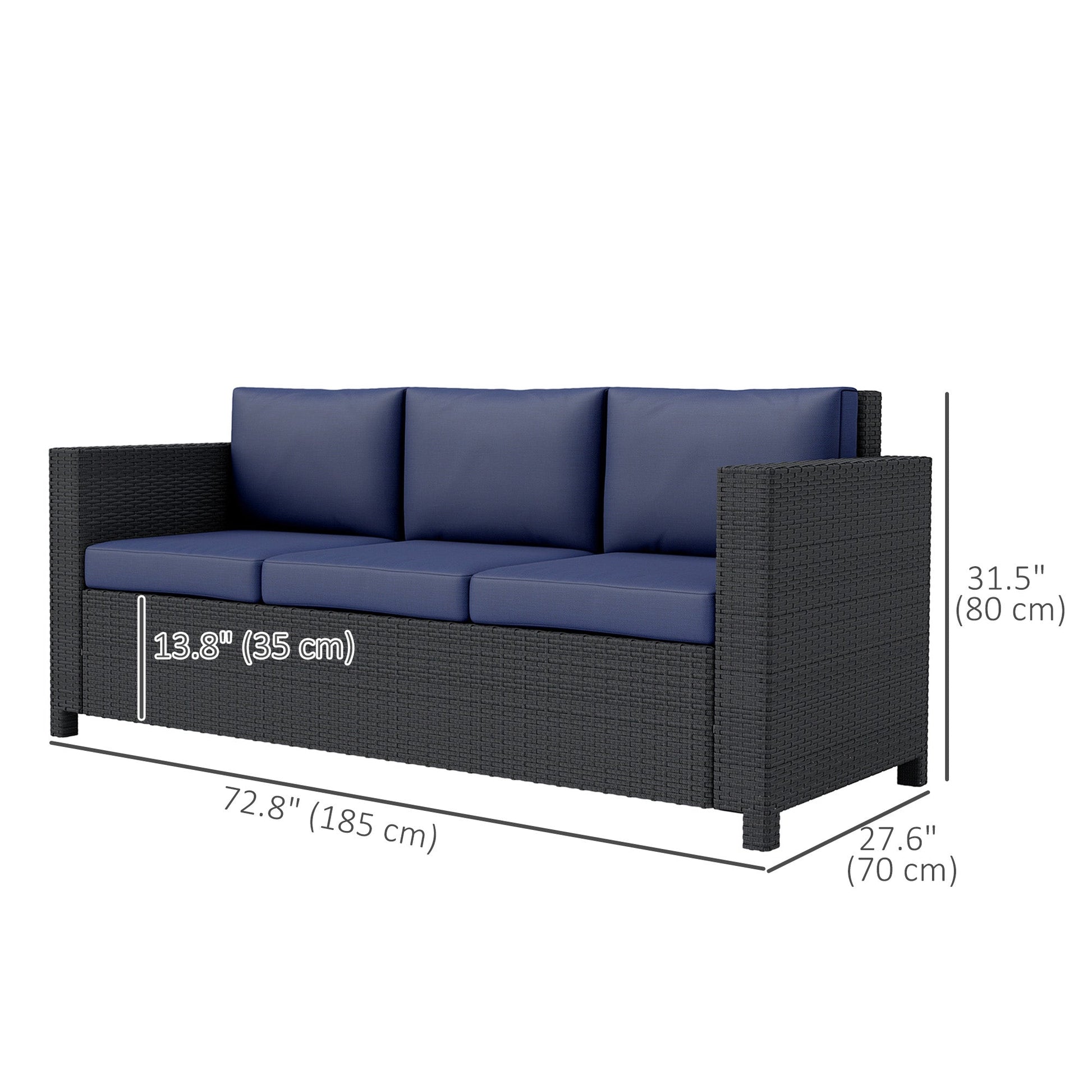 Deluxe 3 Seat Rattan Wicker Sofa Garden Outdoor Patio Furniture with Cushion, Navy Blue