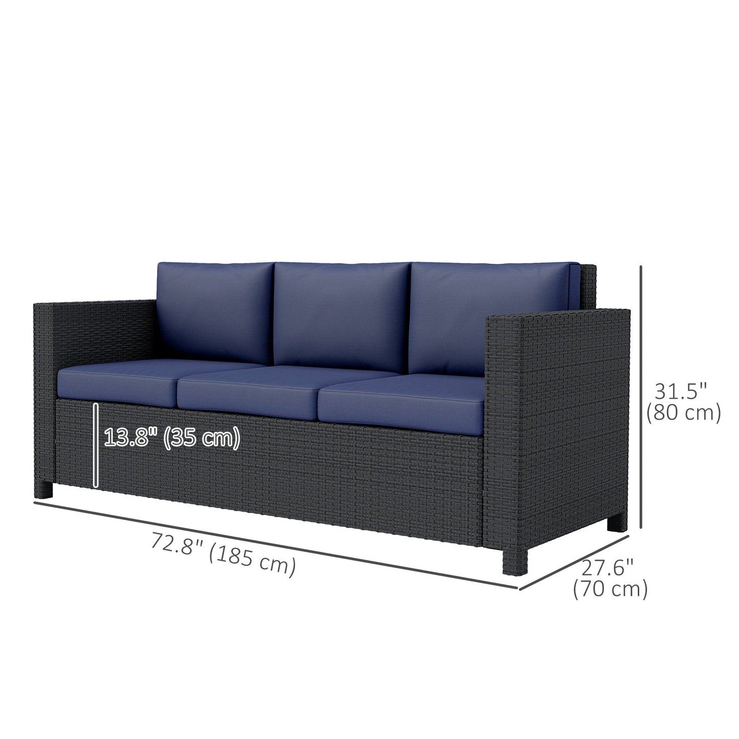 Deluxe 3 Seat Rattan Wicker Sofa Garden Outdoor Patio Furniture with Cushion, Navy Blue