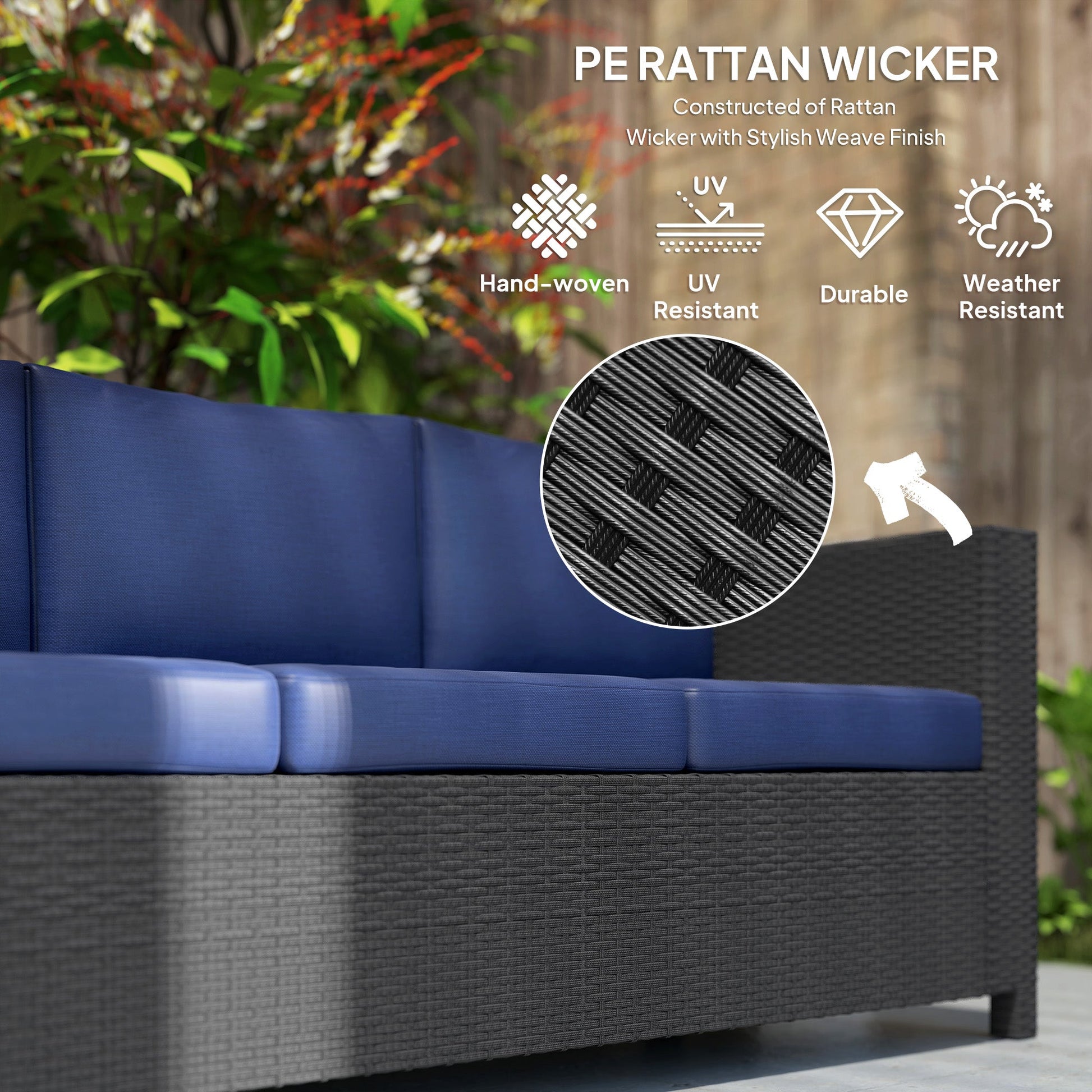 Deluxe 3 Seat Rattan Wicker Sofa Garden Outdoor Patio Furniture with Cushion, Navy Blue