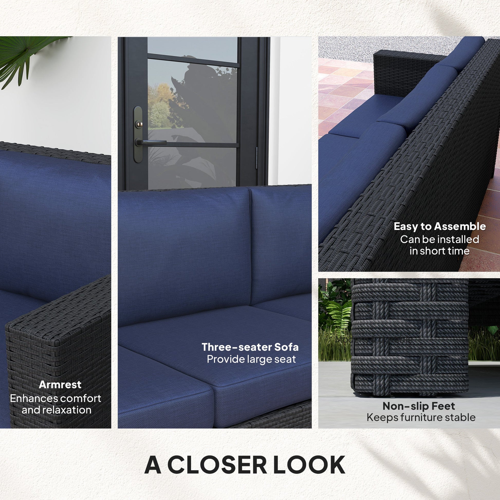 Deluxe 3 Seat Rattan Wicker Sofa Garden Outdoor Patio Furniture with Cushion, Navy Blue