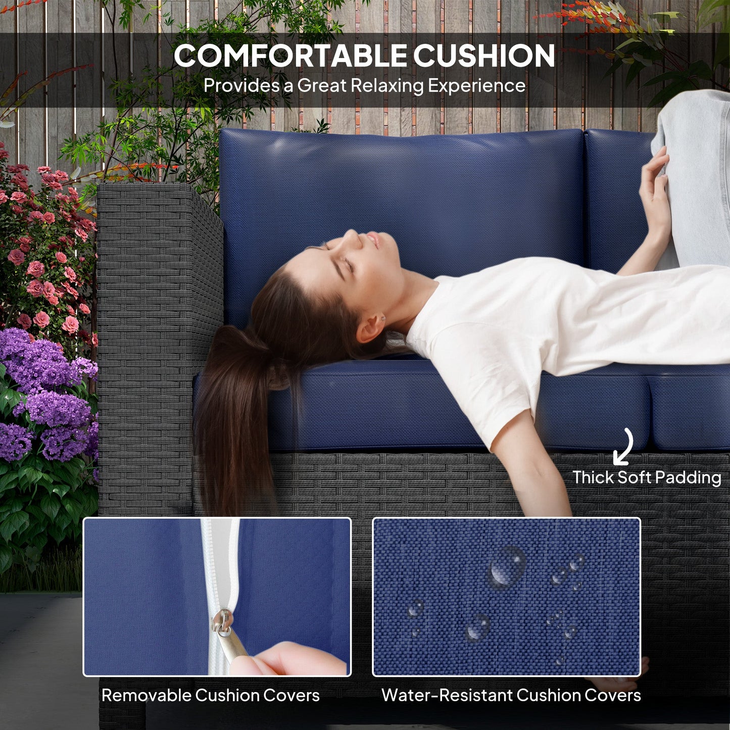 Deluxe 3 Seat Rattan Wicker Sofa Garden Outdoor Patio Furniture with Cushion, Navy Blue