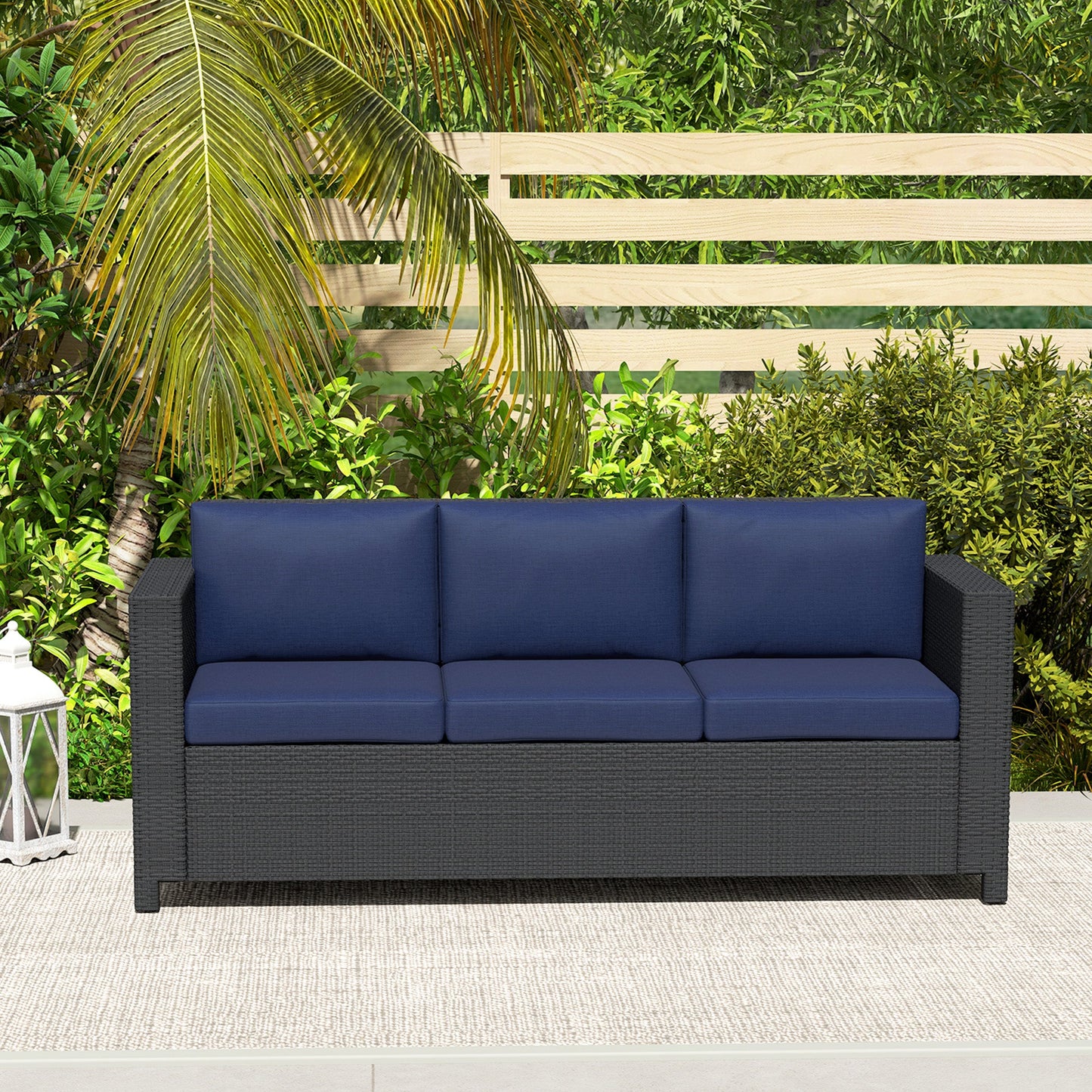 Deluxe 3 Seat Rattan Wicker Sofa Garden Outdoor Patio Furniture with Cushion, Navy Blue