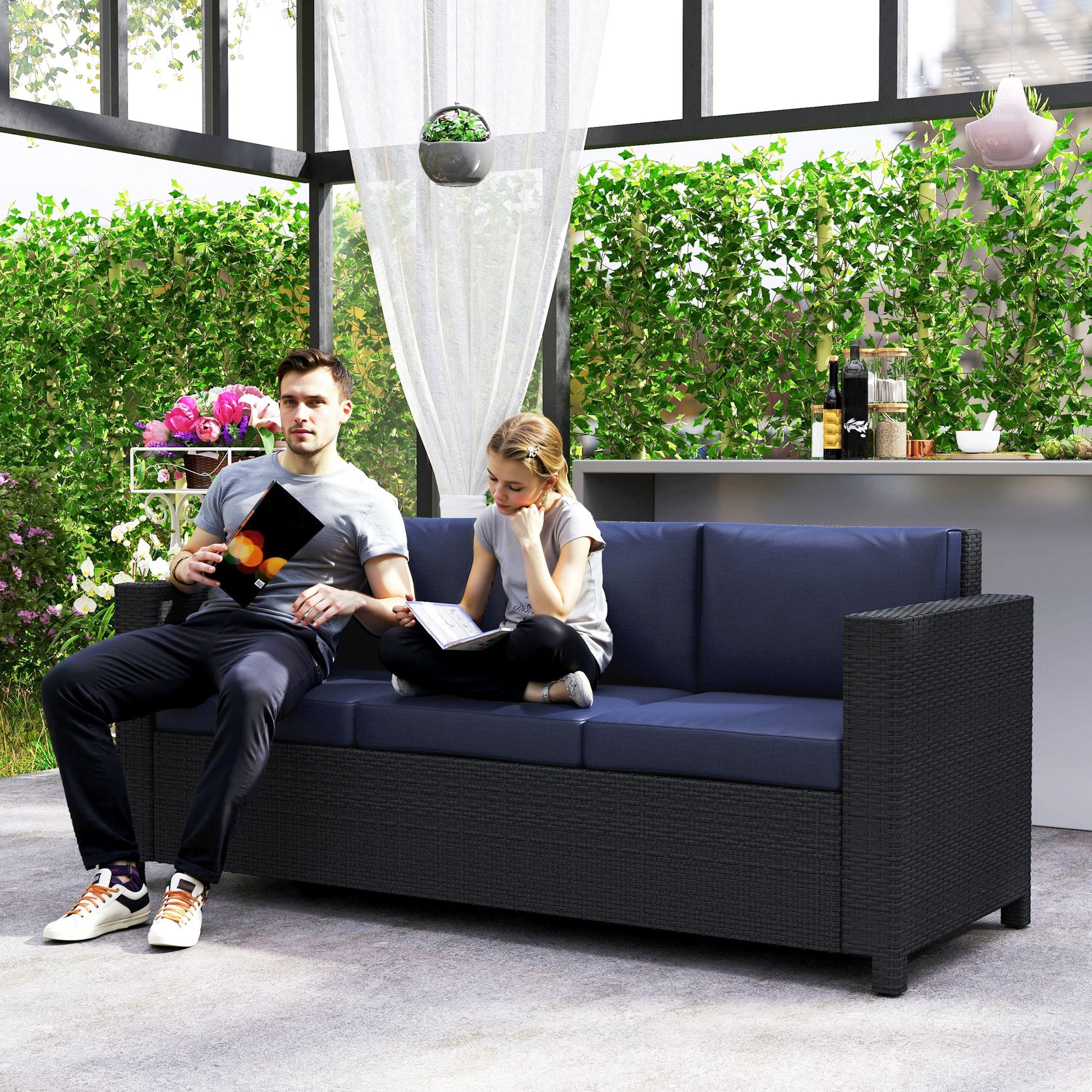 Deluxe 3 Seat Rattan Wicker Sofa Garden Outdoor Patio Furniture with Cushion, Navy Blue