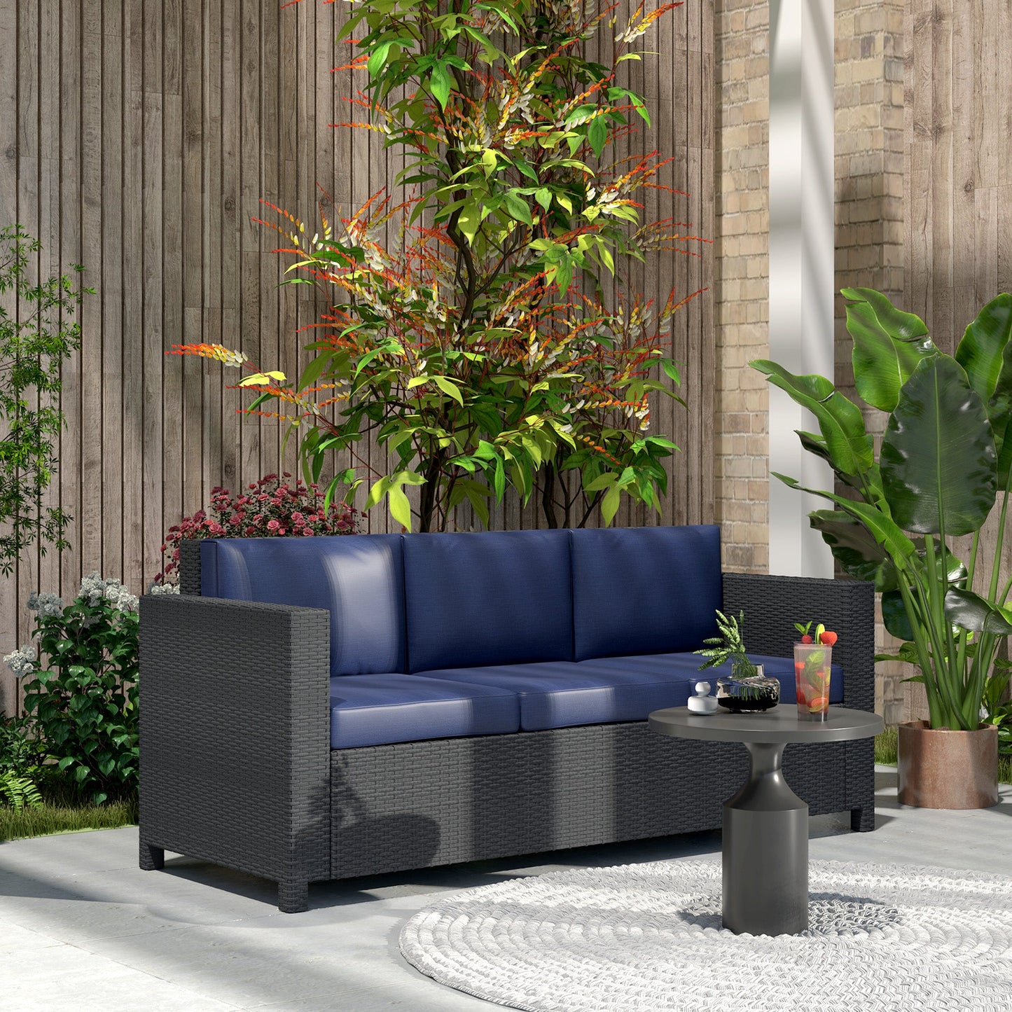 Deluxe 3 Seat Rattan Wicker Sofa Garden Outdoor Patio Furniture with Cushion, Navy Blue
