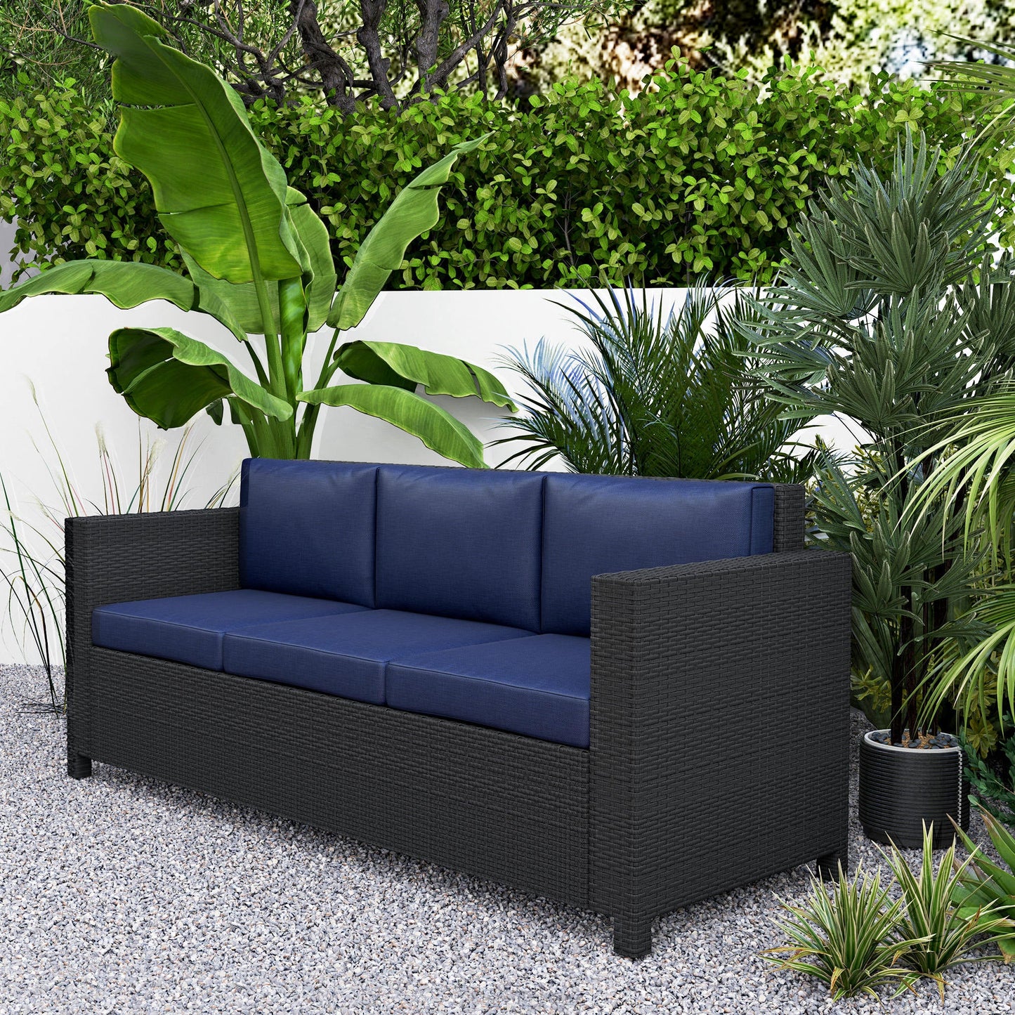 Deluxe 3 Seat Rattan Wicker Sofa Garden Outdoor Patio Furniture with Cushion, Navy Blue