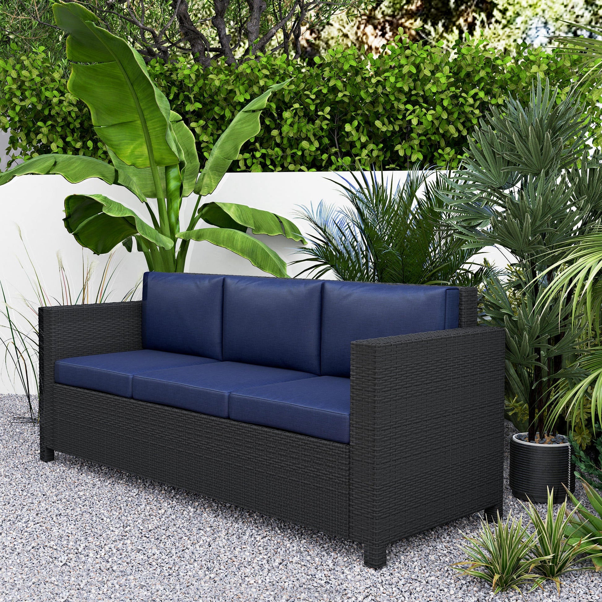 Deluxe 3 Seat Rattan Wicker Sofa Garden Outdoor Patio Furniture with Cushion, Navy Blue