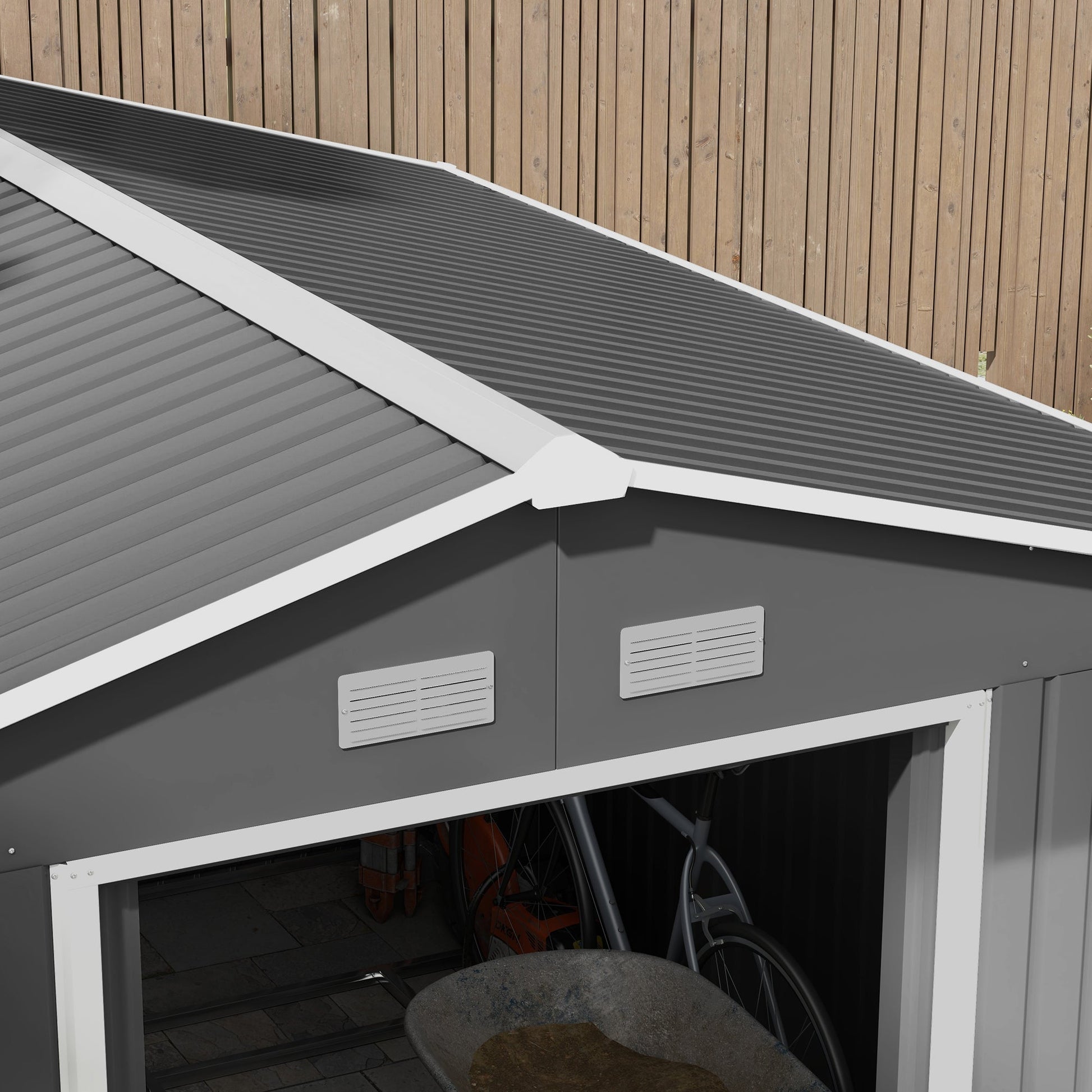 9' x 11' Garden Storage Shed with Foundation Kit, Metal Tool Storage House with Double Doors for Outdoor Patio Yard, Light Grey