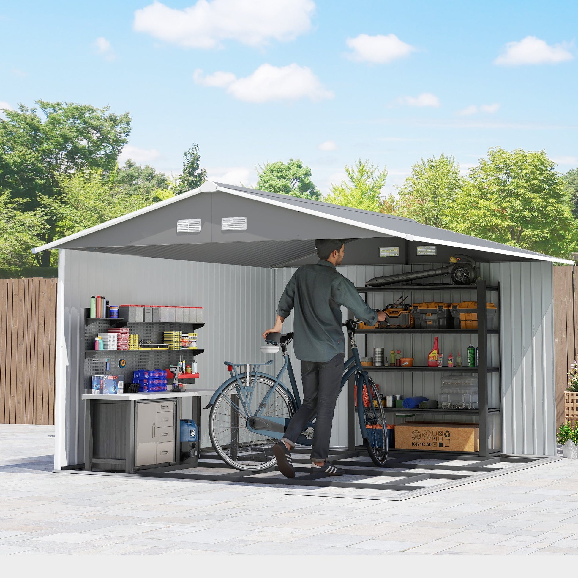 9' x 11' Garden Storage Shed with Foundation Kit, Metal Tool Storage House with Double Doors for Outdoor Patio Yard, Light Grey