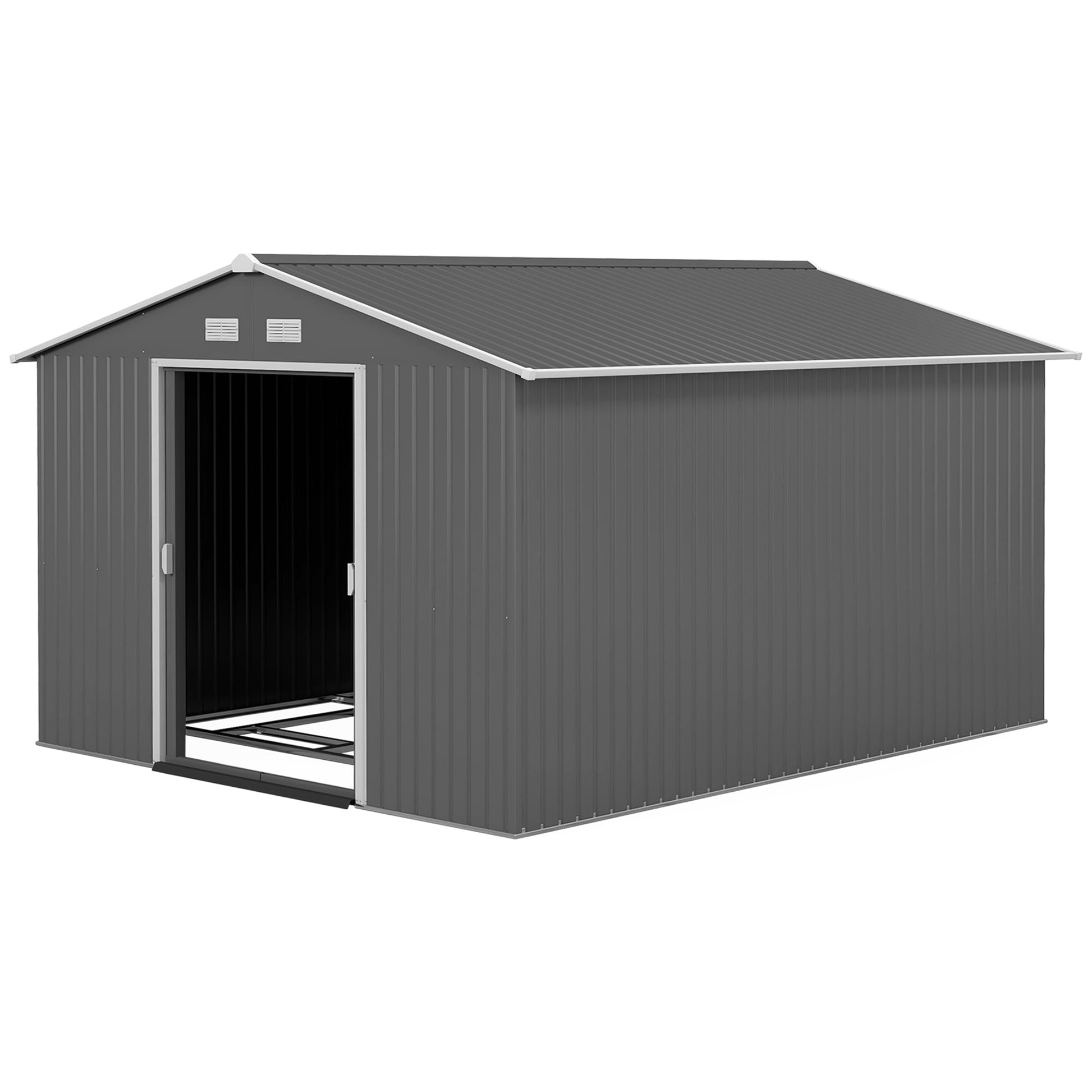 9' x 11' Garden Storage Shed with Foundation Kit, Metal Tool Storage House with Double Doors for Outdoor Patio Yard, Light Grey