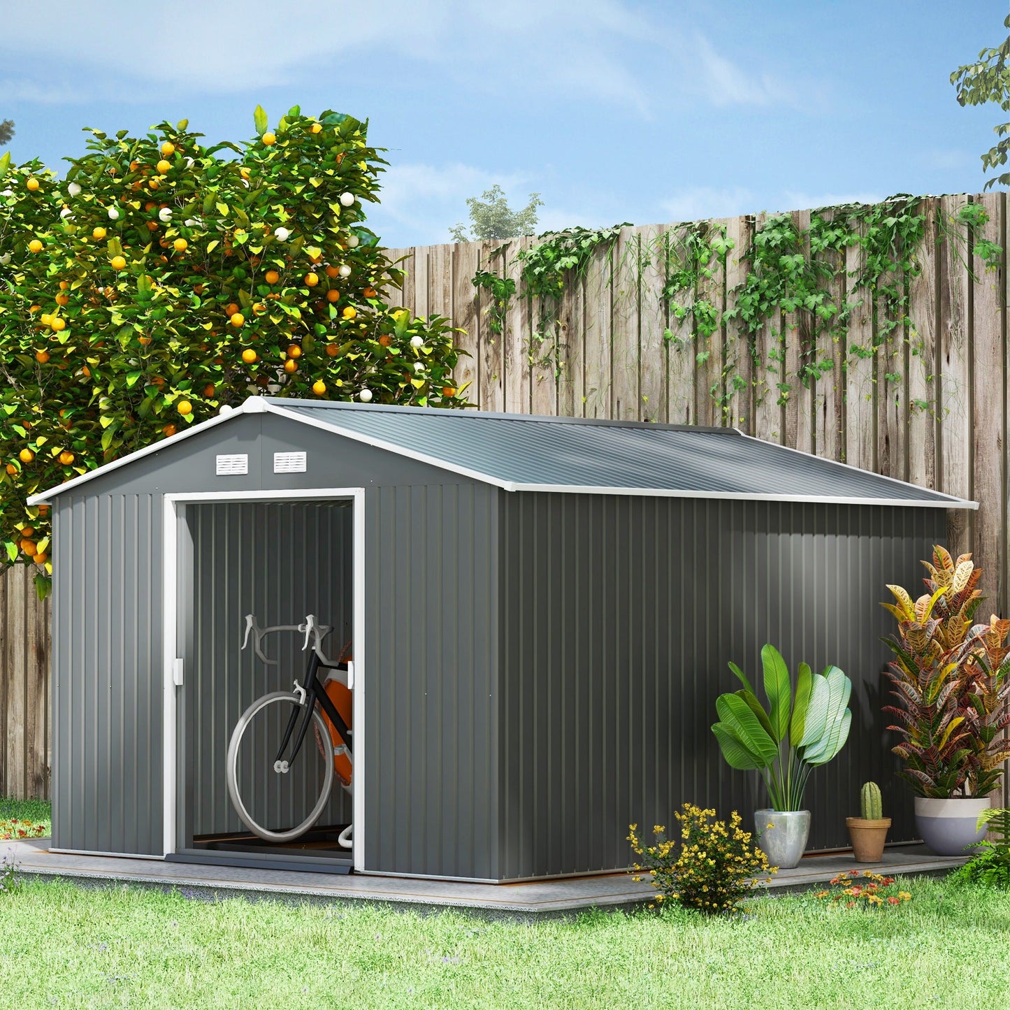 9' x 11' Garden Storage Shed with Foundation Kit, Metal Tool Storage House with Double Doors for Outdoor Patio Yard, Light Grey