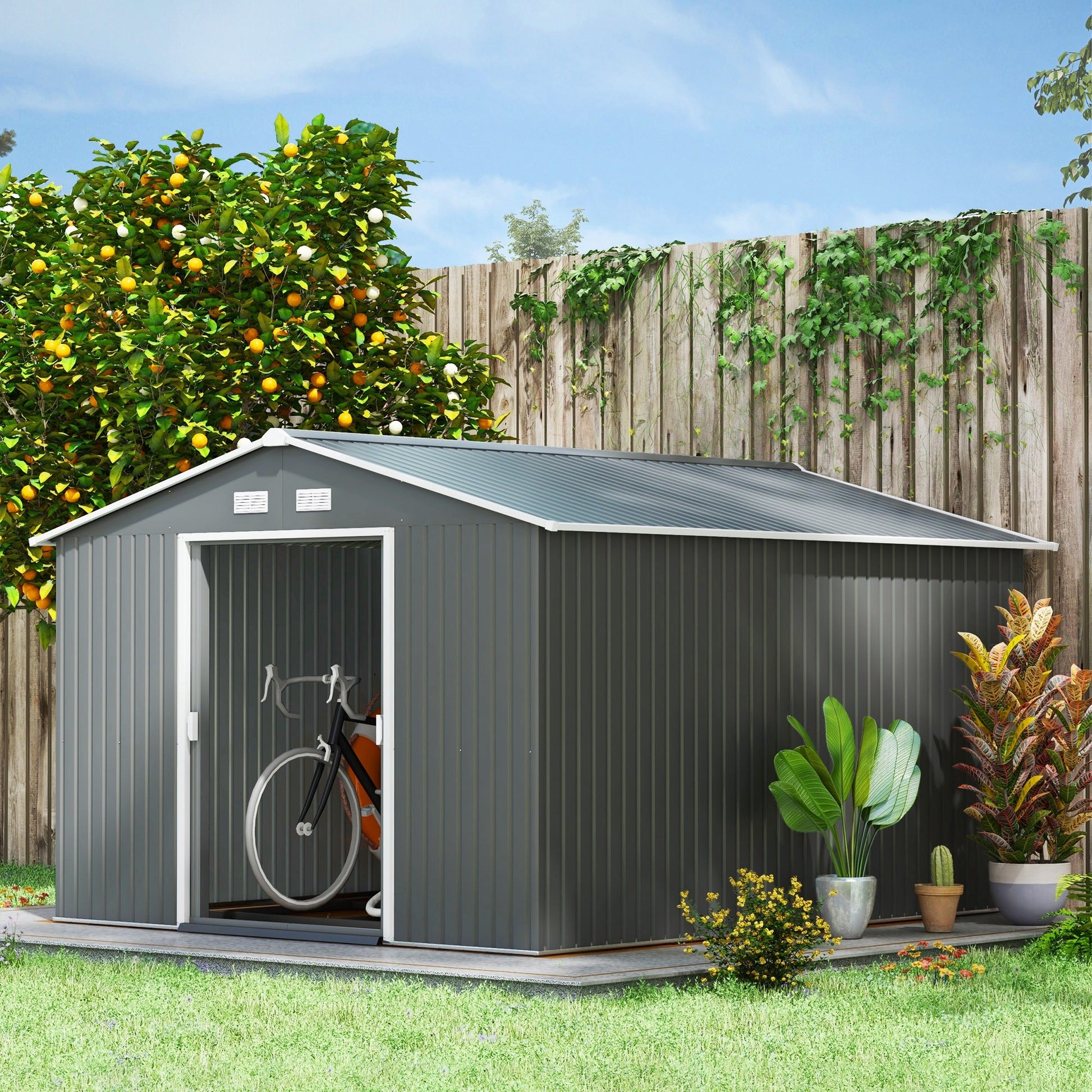 9' x 11' Garden Storage Shed with Foundation Kit, Metal Tool Storage House with Double Doors for Outdoor Patio Yard, Light Grey