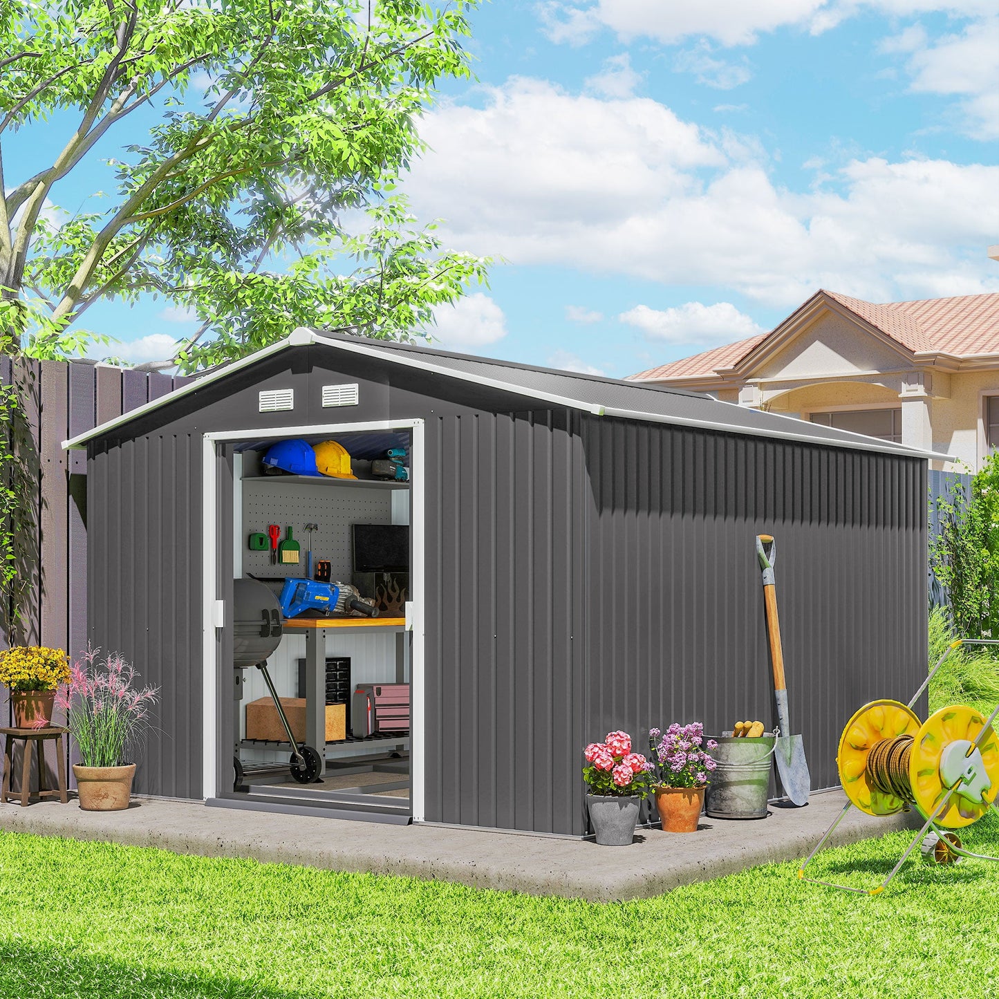 9' x 11' Garden Storage Shed with Foundation Kit, Metal Tool Storage House with Double Doors for Outdoor Patio Yard, Light Grey