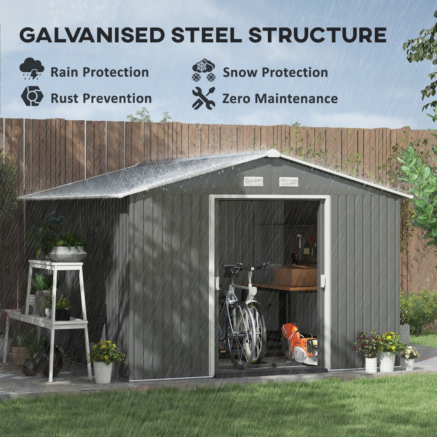 9' x 11' Garden Storage Shed with Foundation Kit, Metal Tool Storage House with Double Doors for Outdoor Patio Yard, Light Grey