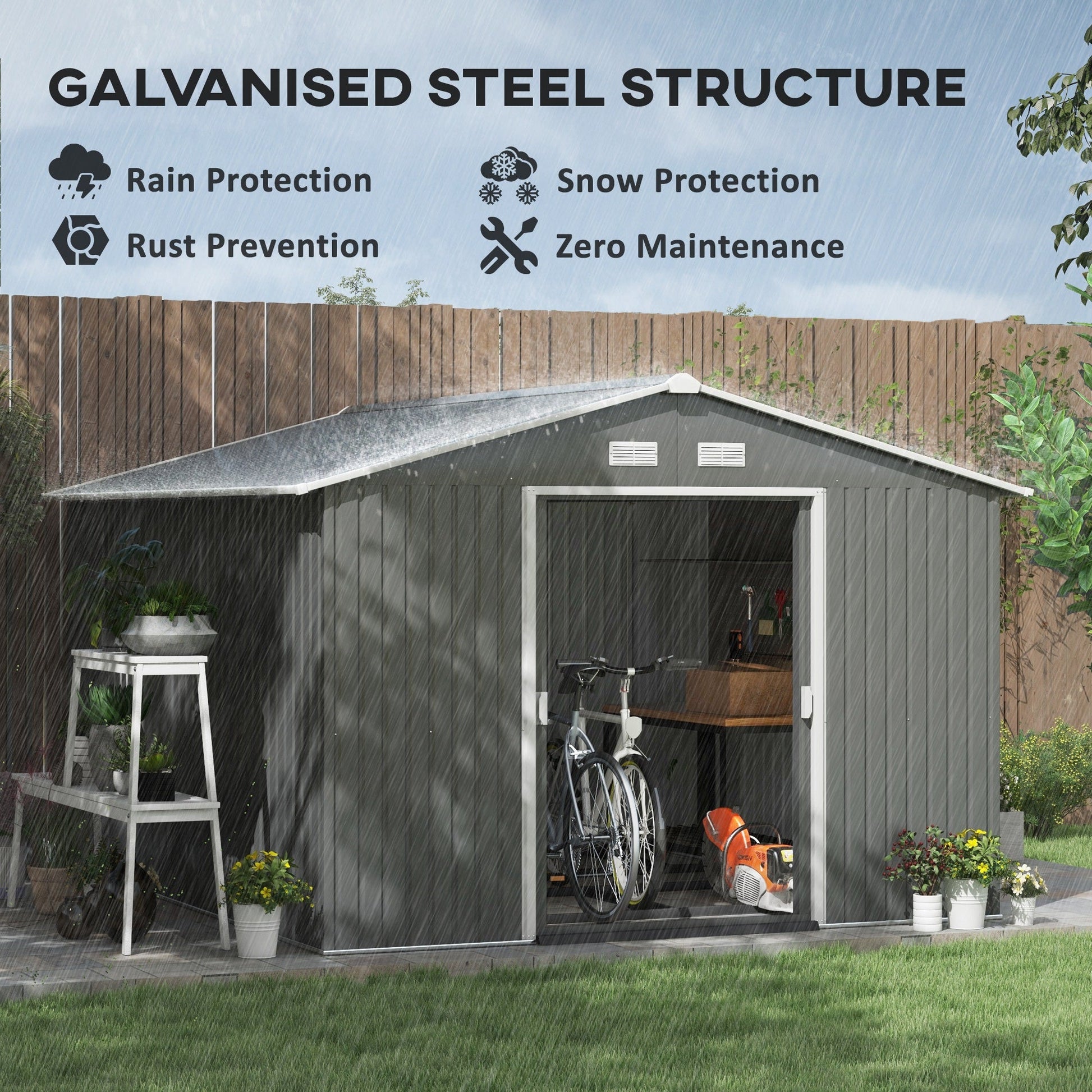 9' x 11' Garden Storage Shed with Foundation Kit, Metal Tool Storage House with Double Doors for Outdoor Patio Yard, Light Grey
