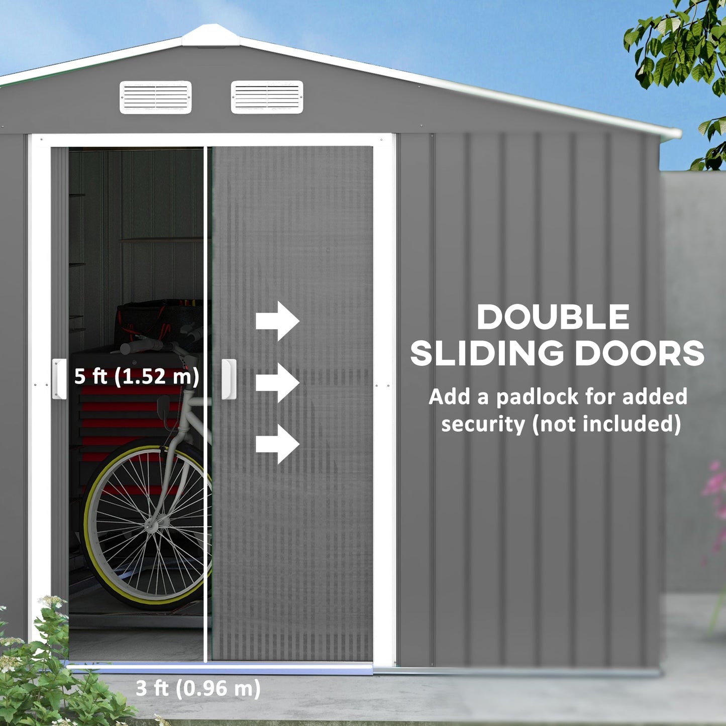 9' x 11' Garden Storage Shed with Foundation Kit, Metal Tool Storage House with Double Doors for Outdoor Patio Yard, Light Grey
