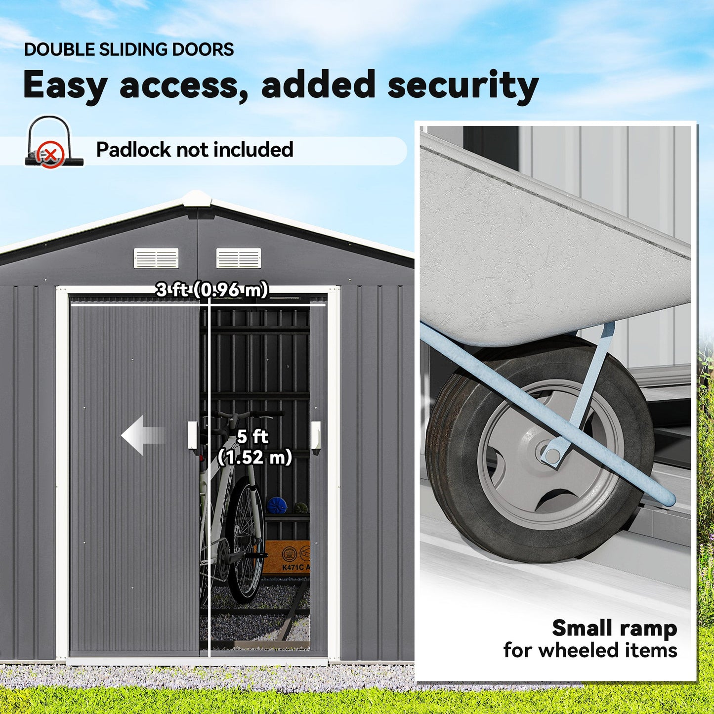 9' x 11' Garden Storage Shed with Foundation Kit, Metal Tool Storage House with Double Doors for Outdoor Patio Yard, Light Grey