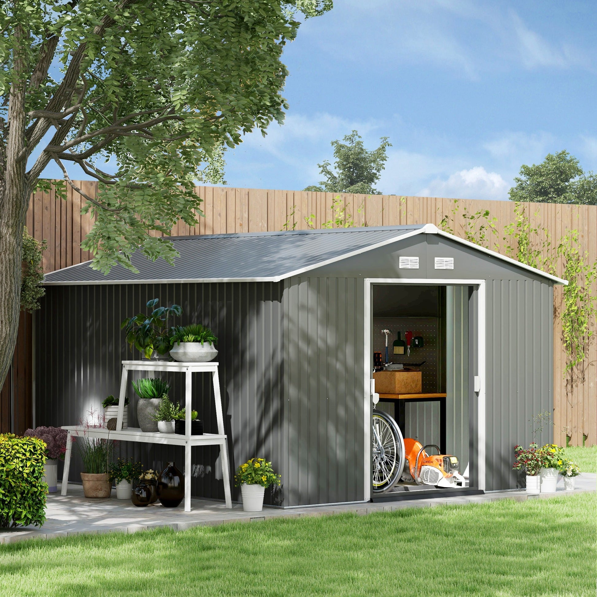 9' x 11' Garden Storage Shed with Foundation Kit, Metal Tool Storage House with Double Doors for Outdoor Patio Yard, Light Grey