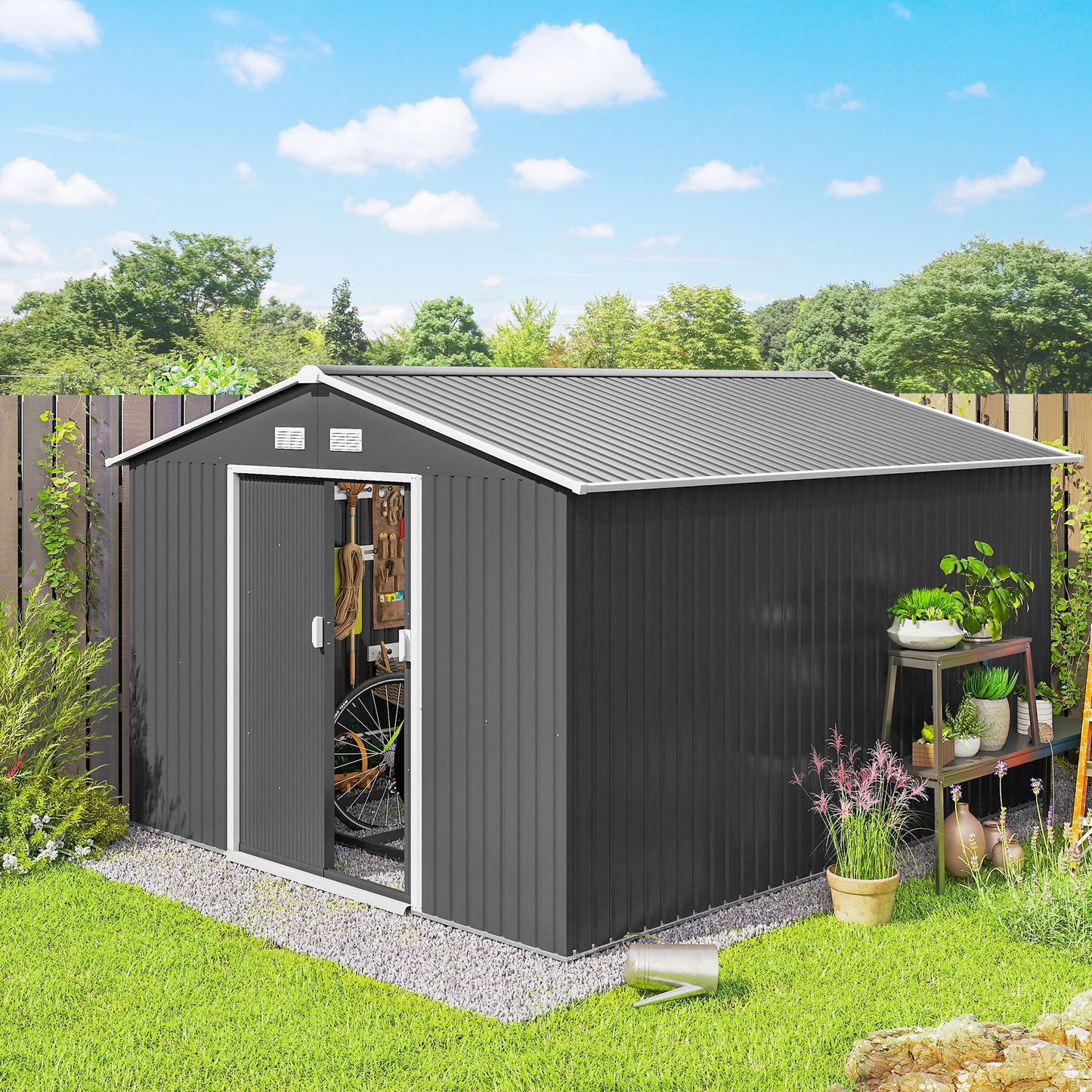 9' x 11' Garden Storage Shed with Foundation Kit, Metal Tool Storage House with Double Doors for Outdoor Patio Yard, Light Grey