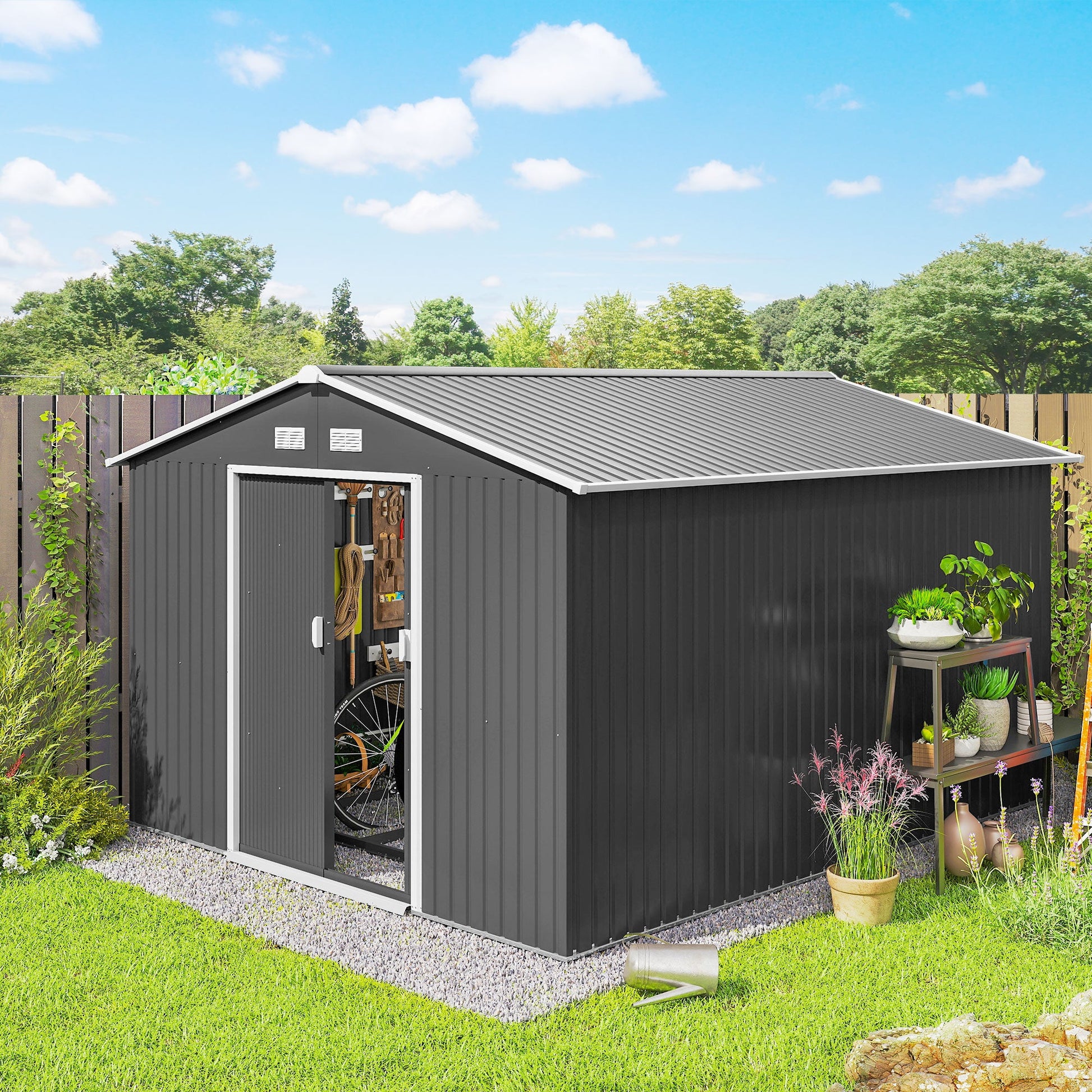 9' x 11' Garden Storage Shed with Foundation Kit, Metal Tool Storage House with Double Doors for Outdoor Patio Yard, Light Grey