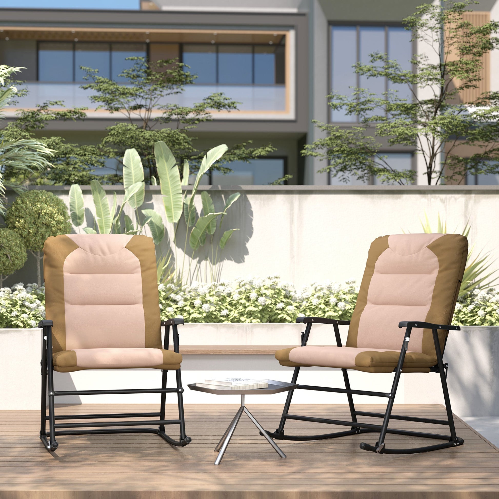 2pc Patio Foldable Rocking Chair Set w/ Soft Padded Seat, Backrest, and Headrest for park, backyard, garden, Light Brown