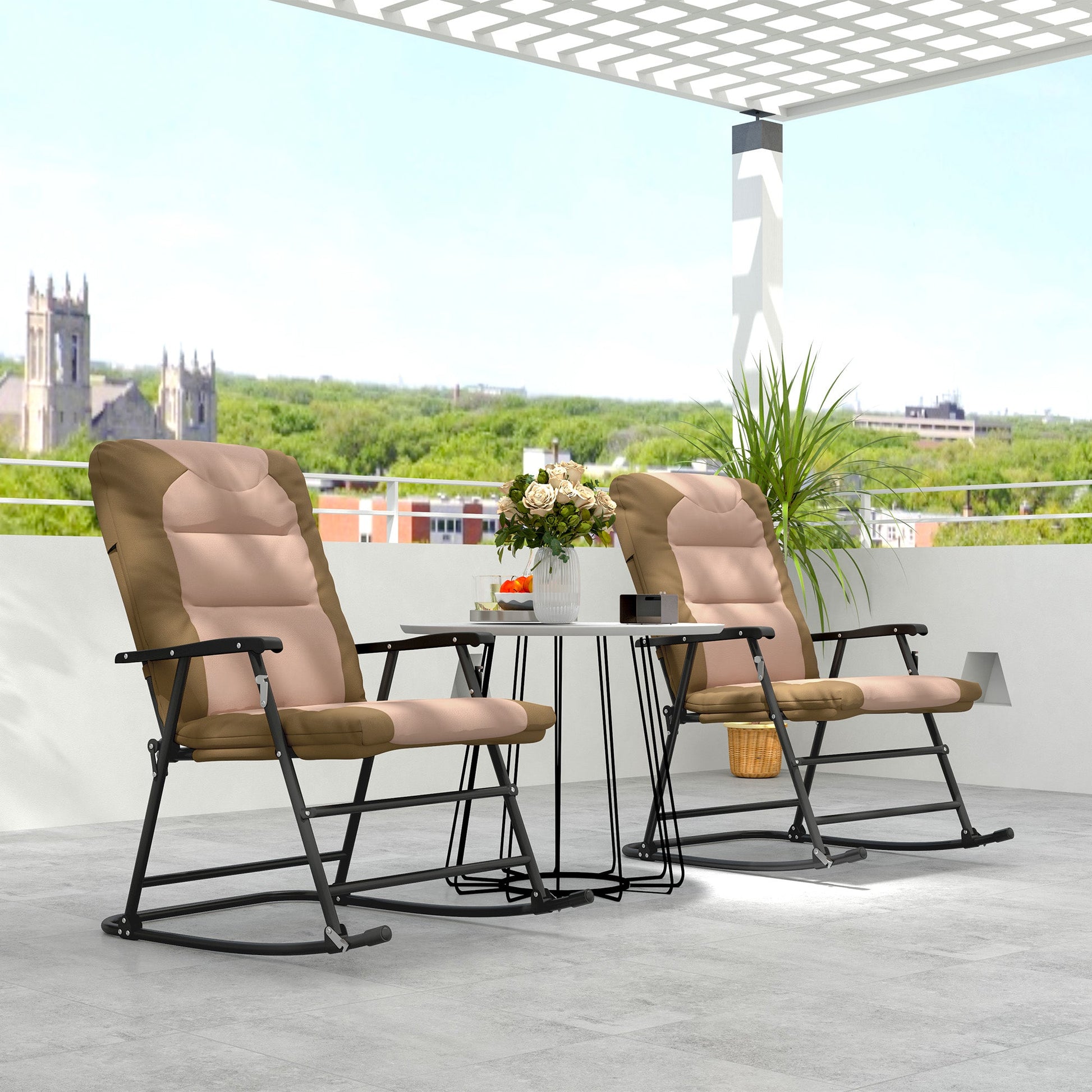 2pc Patio Foldable Rocking Chair Set w/ Soft Padded Seat, Backrest, and Headrest for park, backyard, garden, Light Brown