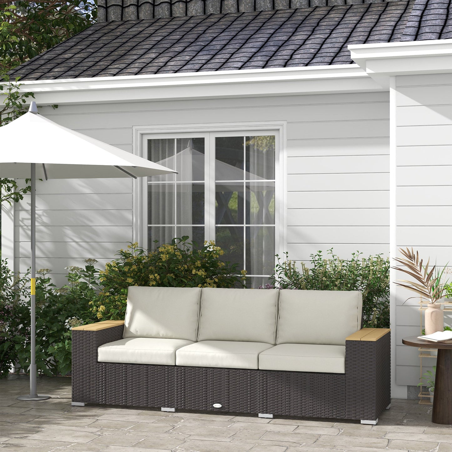 3-Seat Outdoor Couch with Cushions, PE Rattan Patio Couch with Wood Grain Armrests, Outdoor Sofa for Porch, Sunroom, Garden, Poolside, Cream White