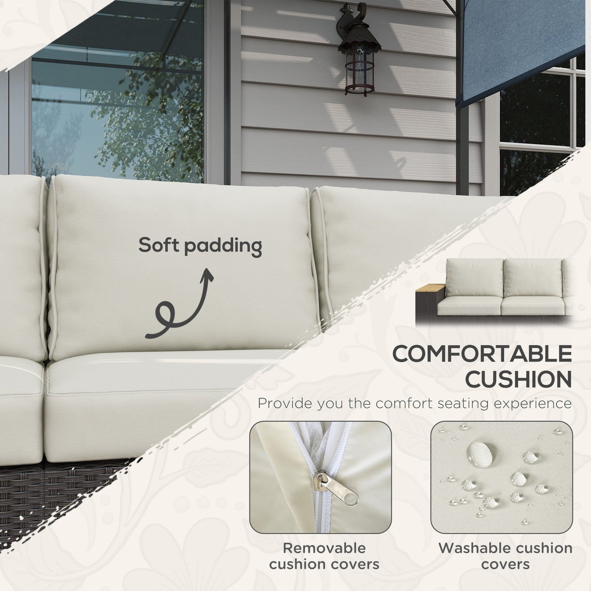 3-Seat Outdoor Couch with Cushions, PE Rattan Patio Couch with Wood Grain Armrests, Outdoor Sofa for Porch, Sunroom, Garden, Poolside, Cream White