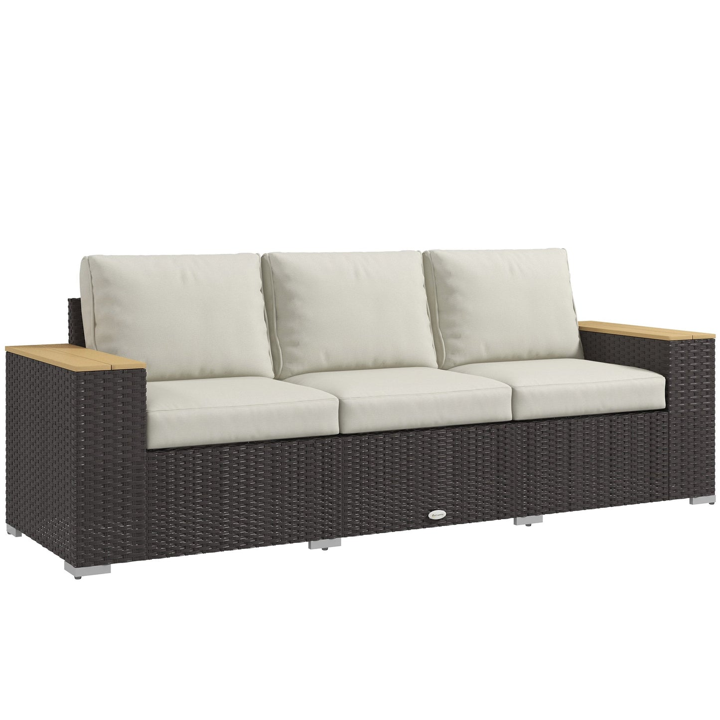 3-Seat Outdoor Couch with Cushions, PE Rattan Patio Couch with Wood Grain Armrests, Outdoor Sofa for Porch, Sunroom, Garden, Poolside, Cream White