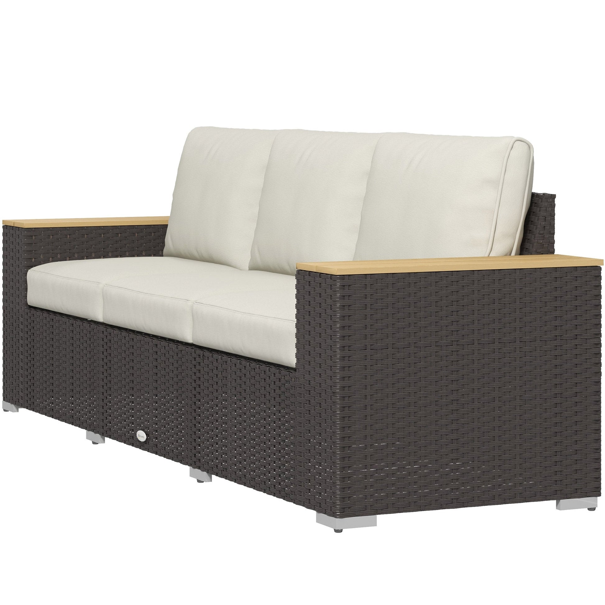 3-Seat Outdoor Couch with Cushions, PE Rattan Patio Couch with Wood Grain Armrests, Outdoor Sofa for Porch, Sunroom, Garden, Poolside, Cream White