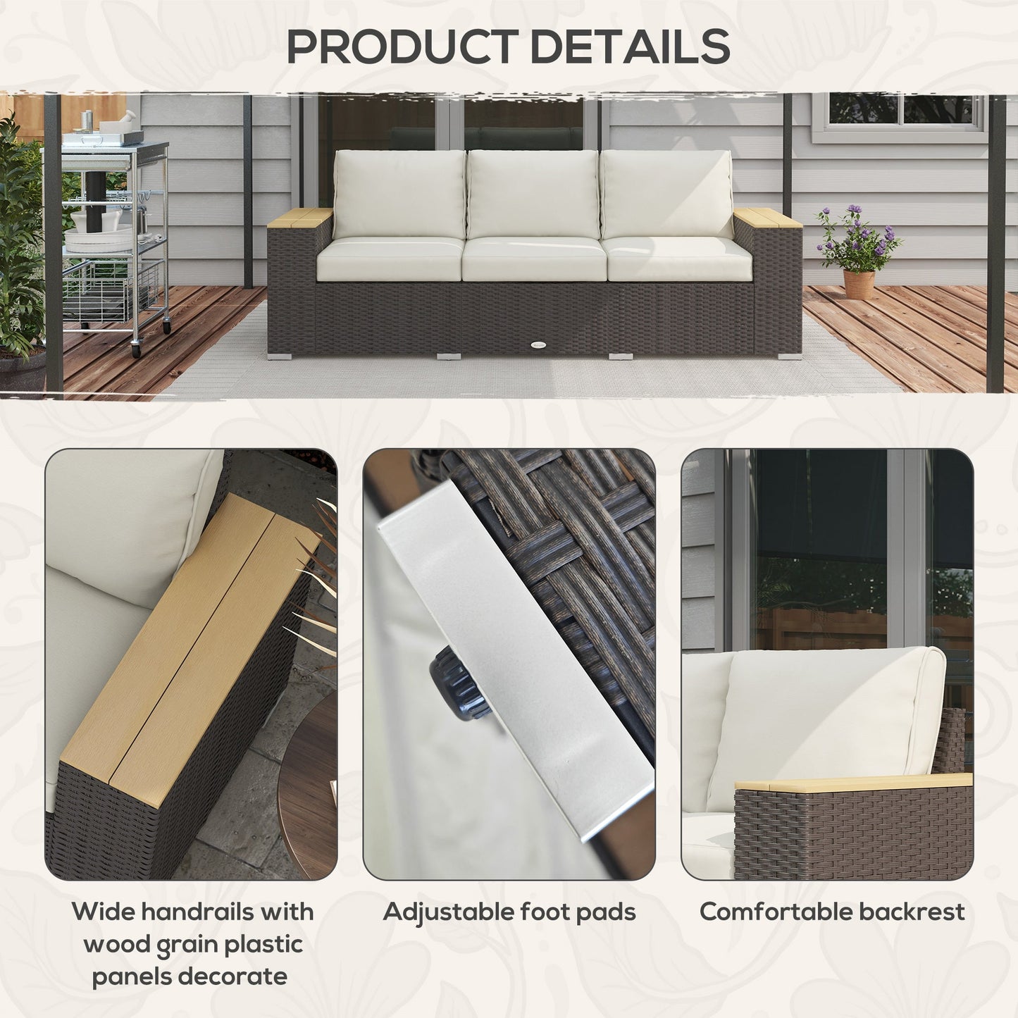 3-Seat Outdoor Couch with Cushions, PE Rattan Patio Couch with Wood Grain Armrests, Outdoor Sofa for Porch, Sunroom, Garden, Poolside, Cream White