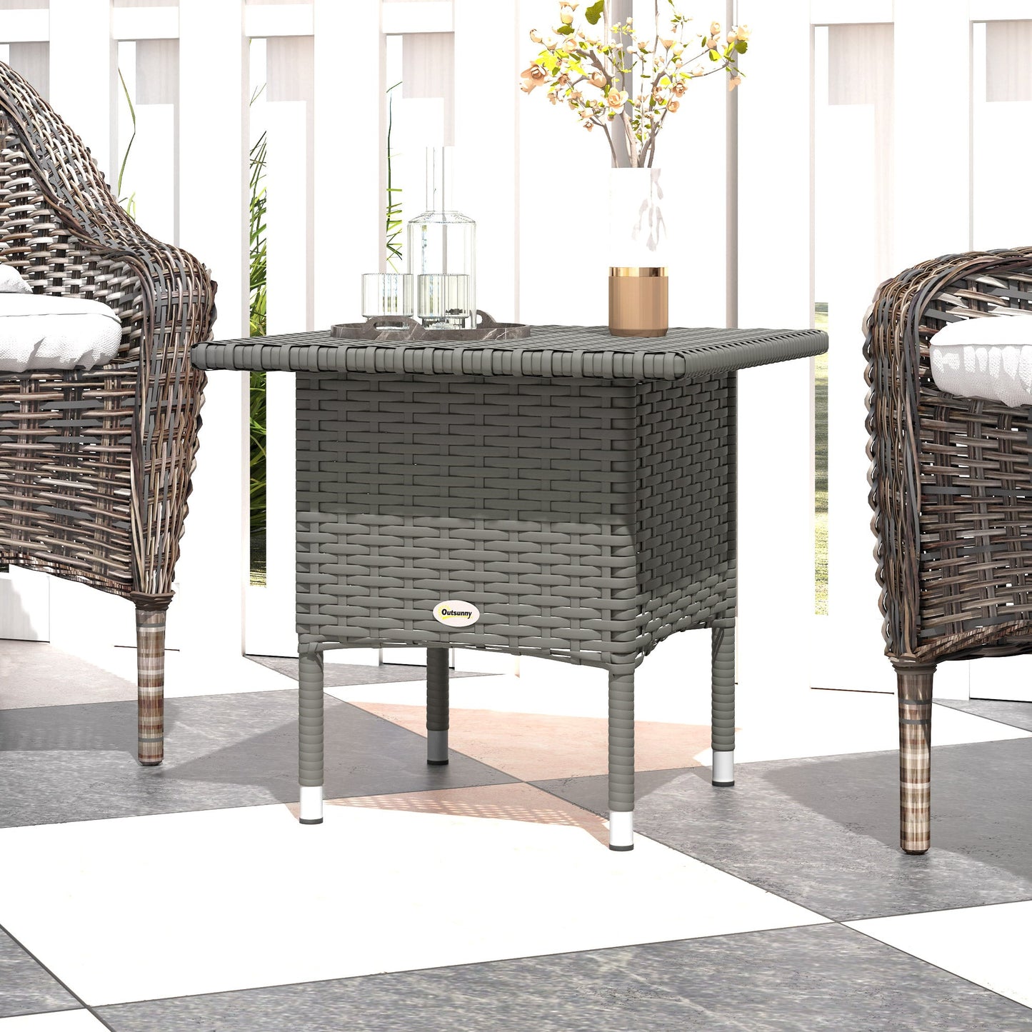 20" Patio Wicker Coffee Table, Outdoor Coffee Table with Plastic Board Underneath the Woven Tabletop for Patio, Garden, Balcony, Grey