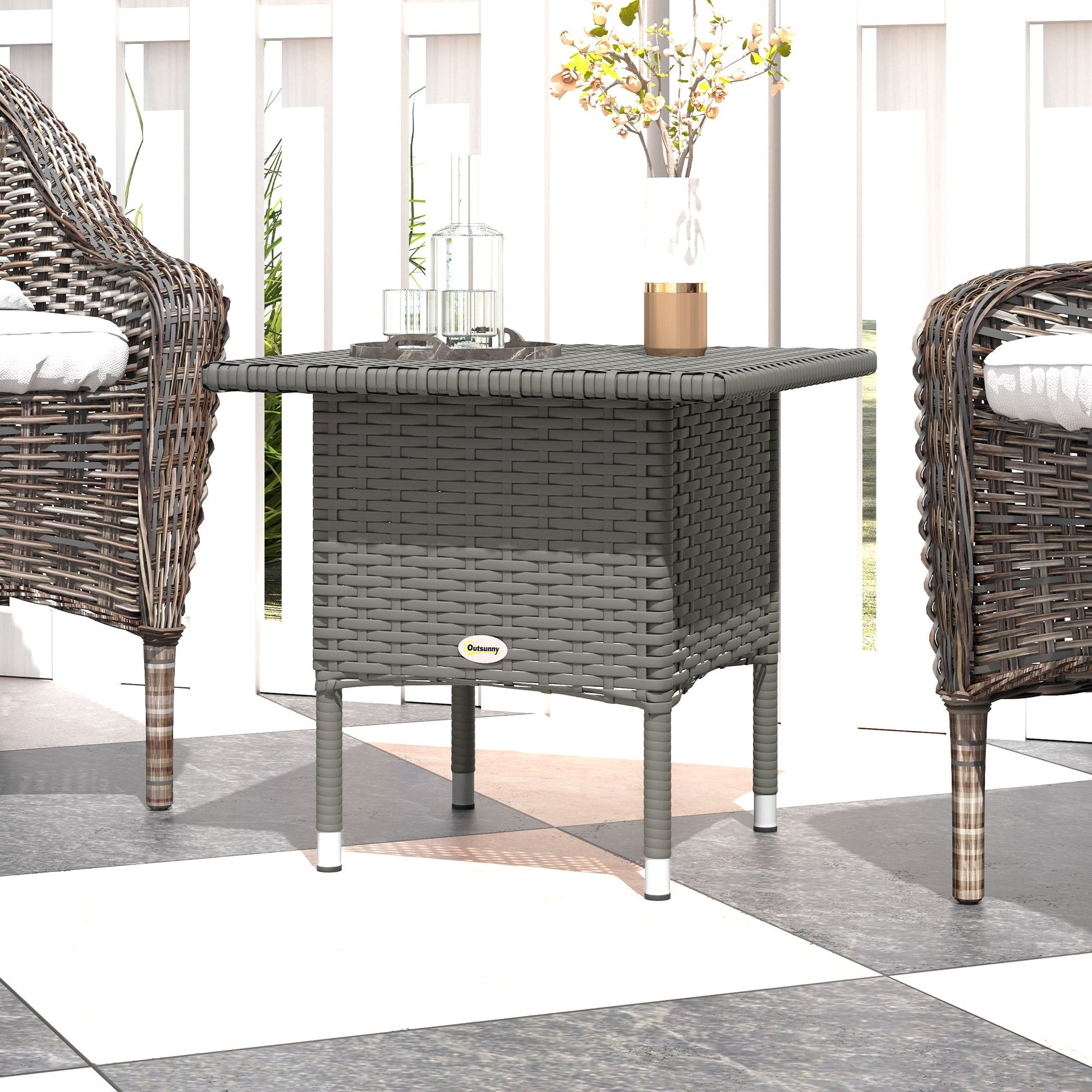 20" Patio Wicker Coffee Table, Outdoor Coffee Table with Plastic Board Underneath the Woven Tabletop for Patio, Garden, Balcony, Grey