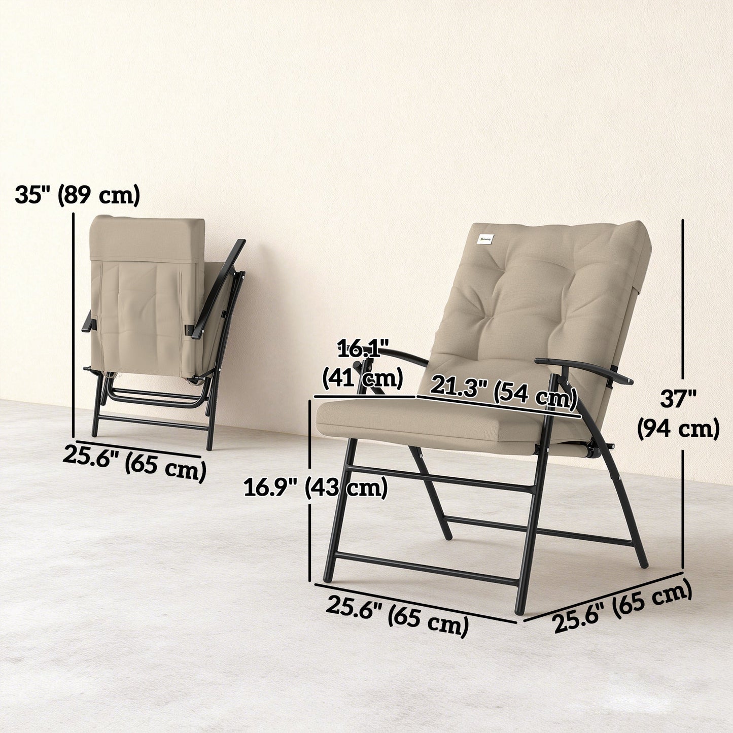 Set of 2 Outdoor Dining Chairs, Folding Patio Chair with Adjustable Backrest, Padded Folding Chairs for Outdoor Events, Khaki