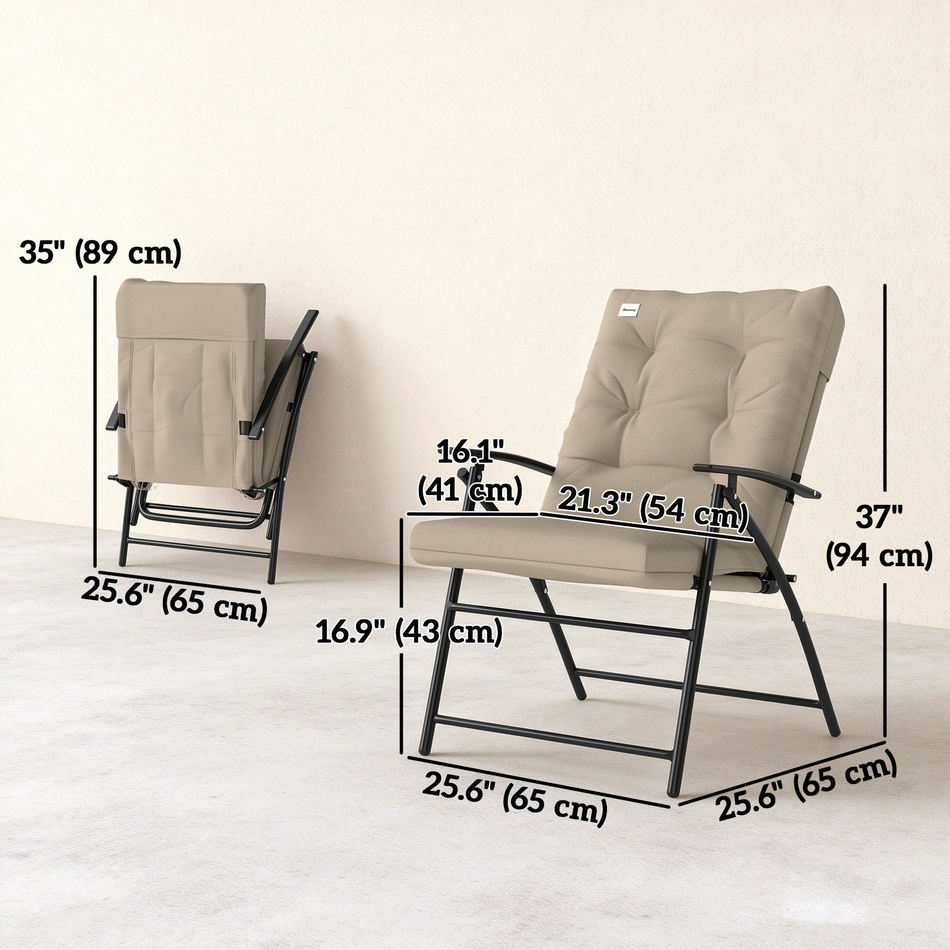 Set of 2 Outdoor Dining Chairs, Folding Patio Chair with Adjustable Backrest, Padded Folding Chairs for Outdoor Events, Khaki