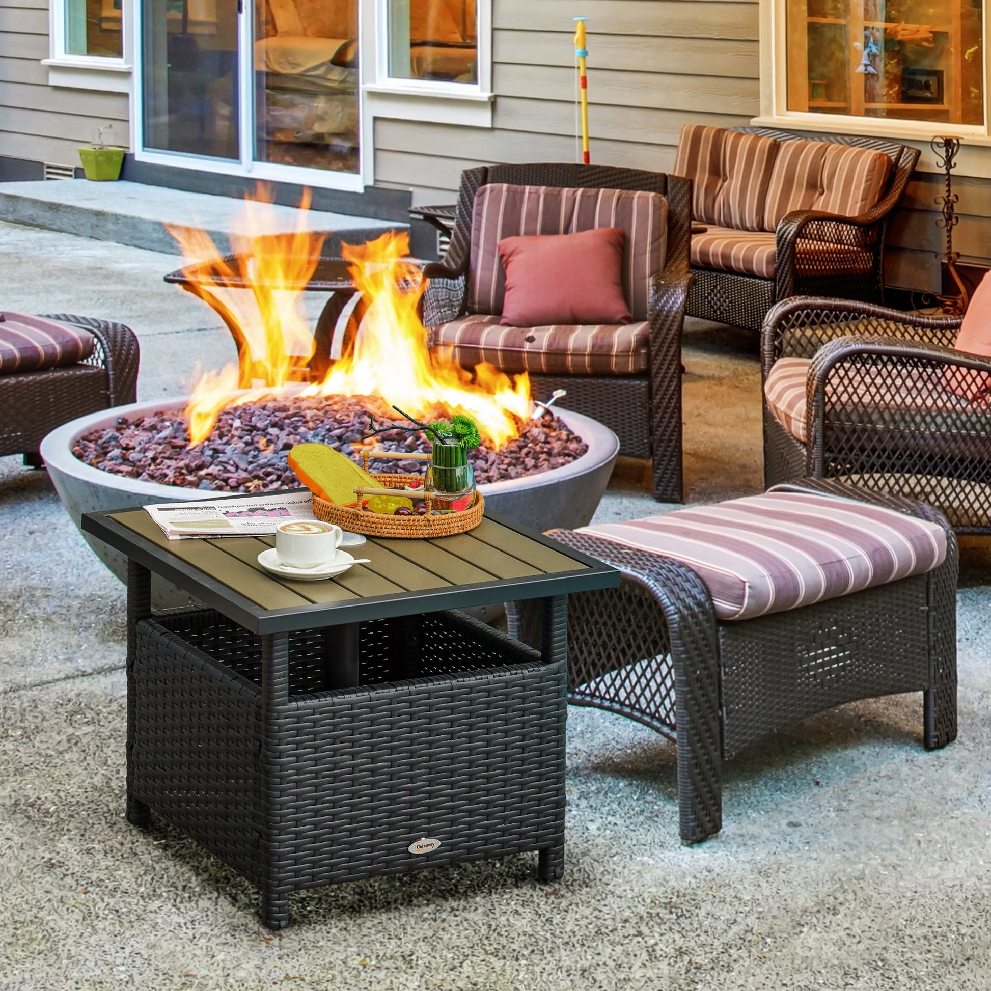 22" Square Steel PE Rattan Wicker Table With Umbrella Hole, Outdoor Patio Accent Dining Side Table Used as Umbrella Stand, Black