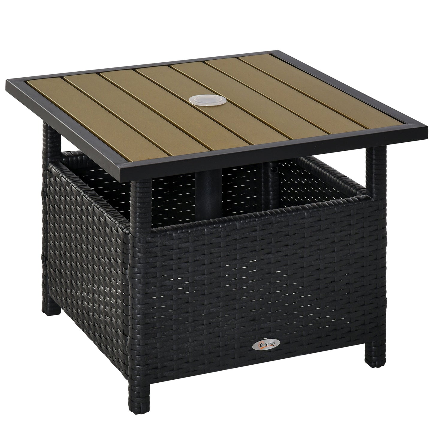 22" Square Steel PE Rattan Wicker Table With Umbrella Hole, Outdoor Patio Accent Dining Side Table Used as Umbrella Stand, Black