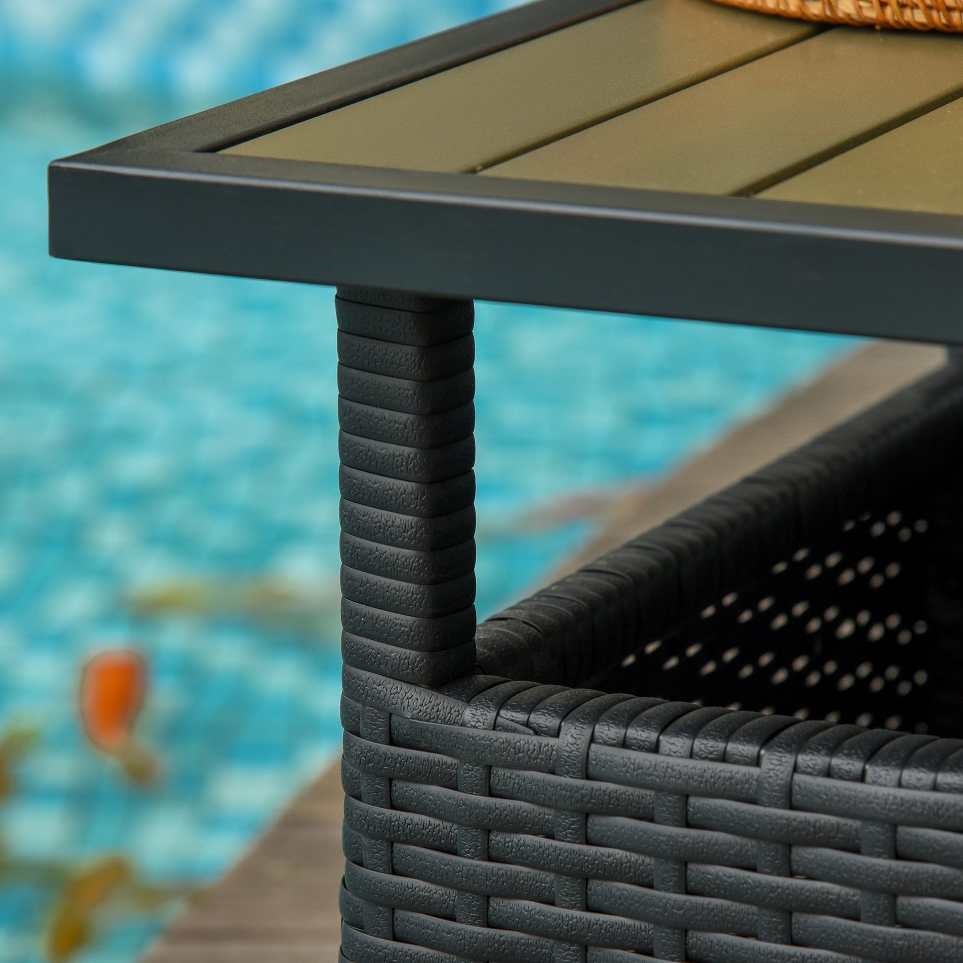 22" Square Steel PE Rattan Wicker Table With Umbrella Hole, Outdoor Patio Accent Dining Side Table Used as Umbrella Stand, Black