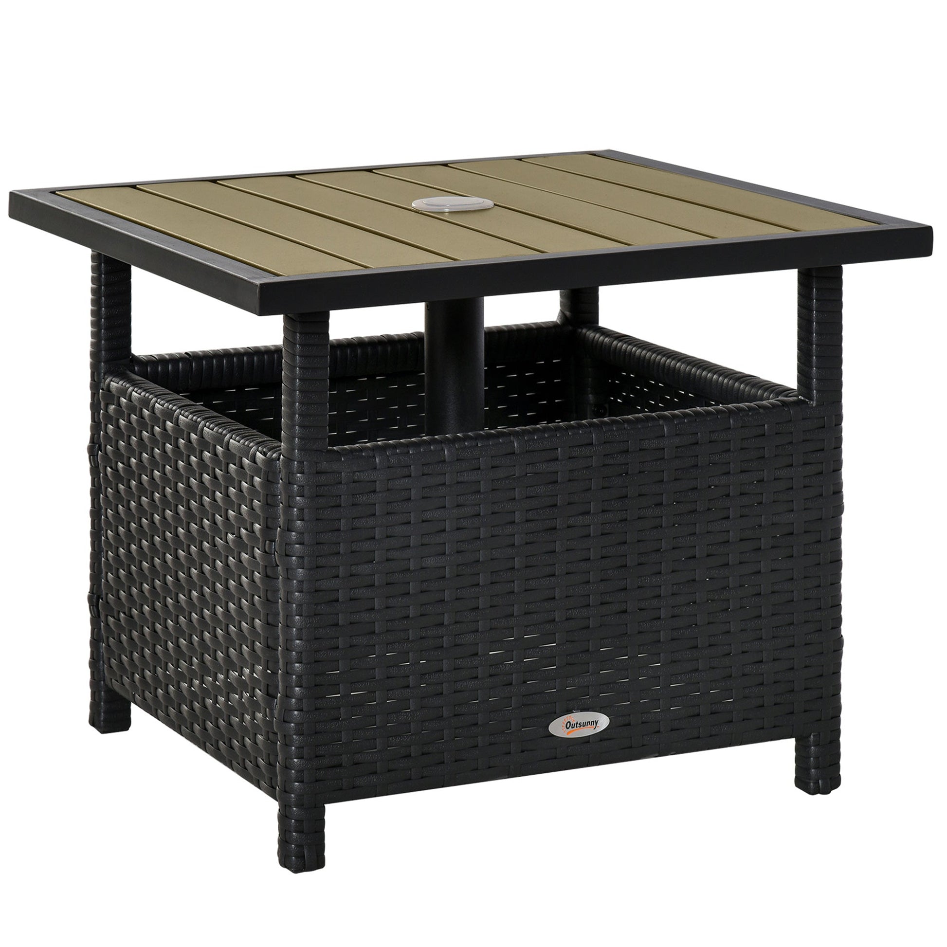 22" Square Steel PE Rattan Wicker Table With Umbrella Hole, Outdoor Patio Accent Dining Side Table Used as Umbrella Stand, Black