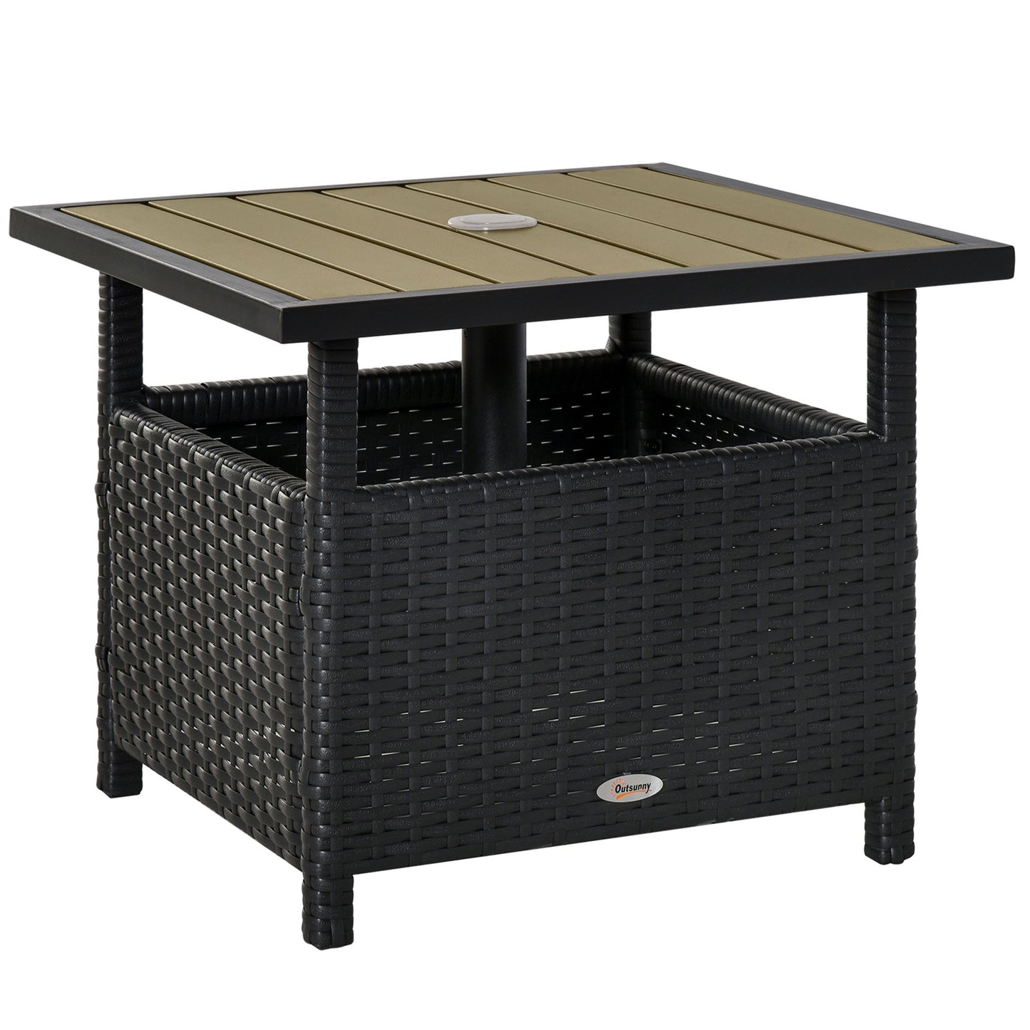 22" Square Steel PE Rattan Wicker Table With Umbrella Hole, Outdoor Patio Accent Dining Side Table Used as Umbrella Stand, Black