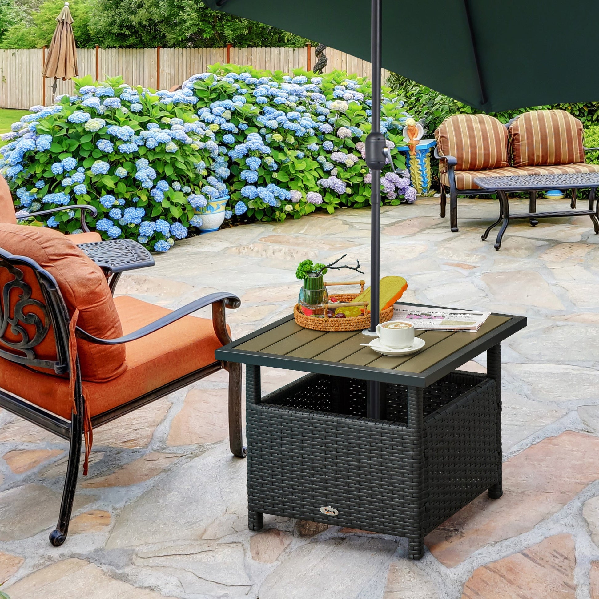 22" Square Steel PE Rattan Wicker Table With Umbrella Hole, Outdoor Patio Accent Dining Side Table Used as Umbrella Stand, Black
