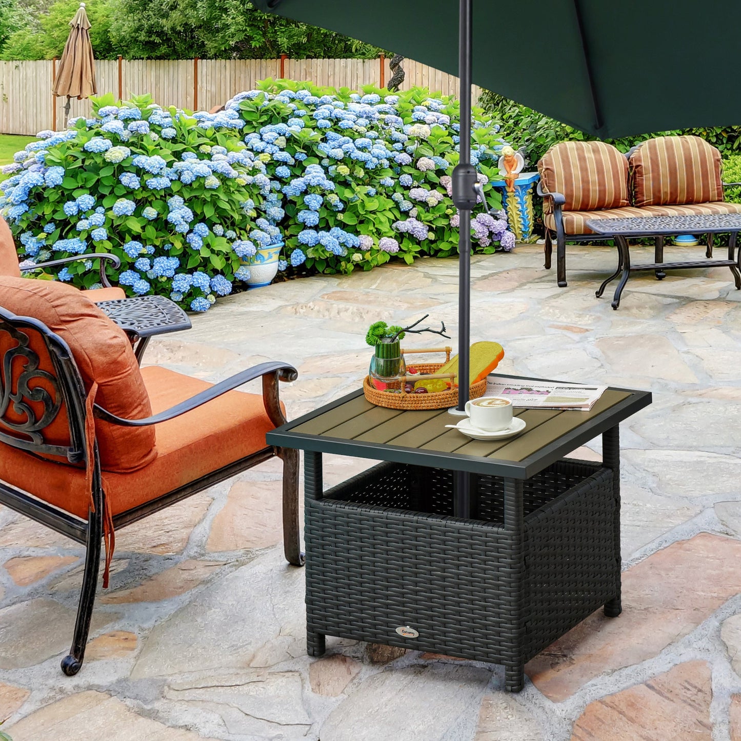 22" Square Steel PE Rattan Wicker Table With Umbrella Hole, Outdoor Patio Accent Dining Side Table Used as Umbrella Stand, Black